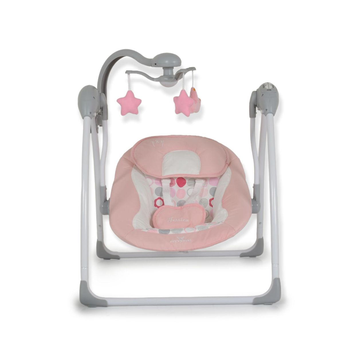 Eine Babyschaukel mit rosa Sitz und sternförmigen Spielzeugen, die von oben hängen. Der Hintergrund ist weiß.
