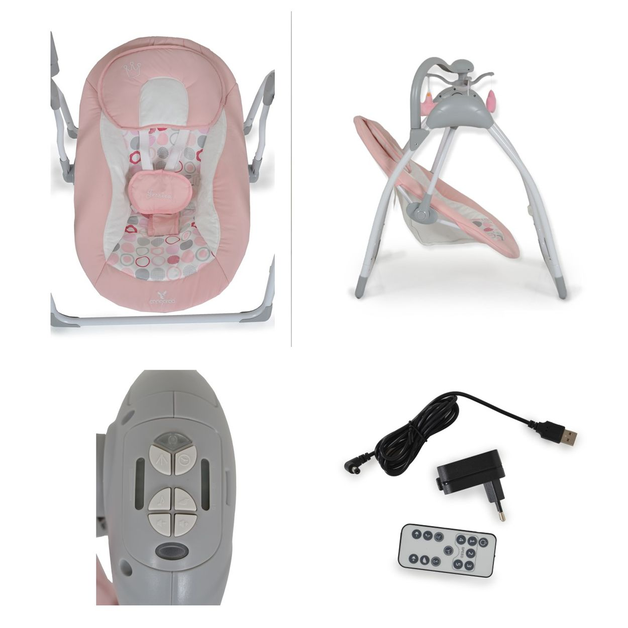 Babyschaukel mit Komponenten: Schaukel, Controller, Ladegerät und Fernbedienung, auf Weiß präsentiert.
