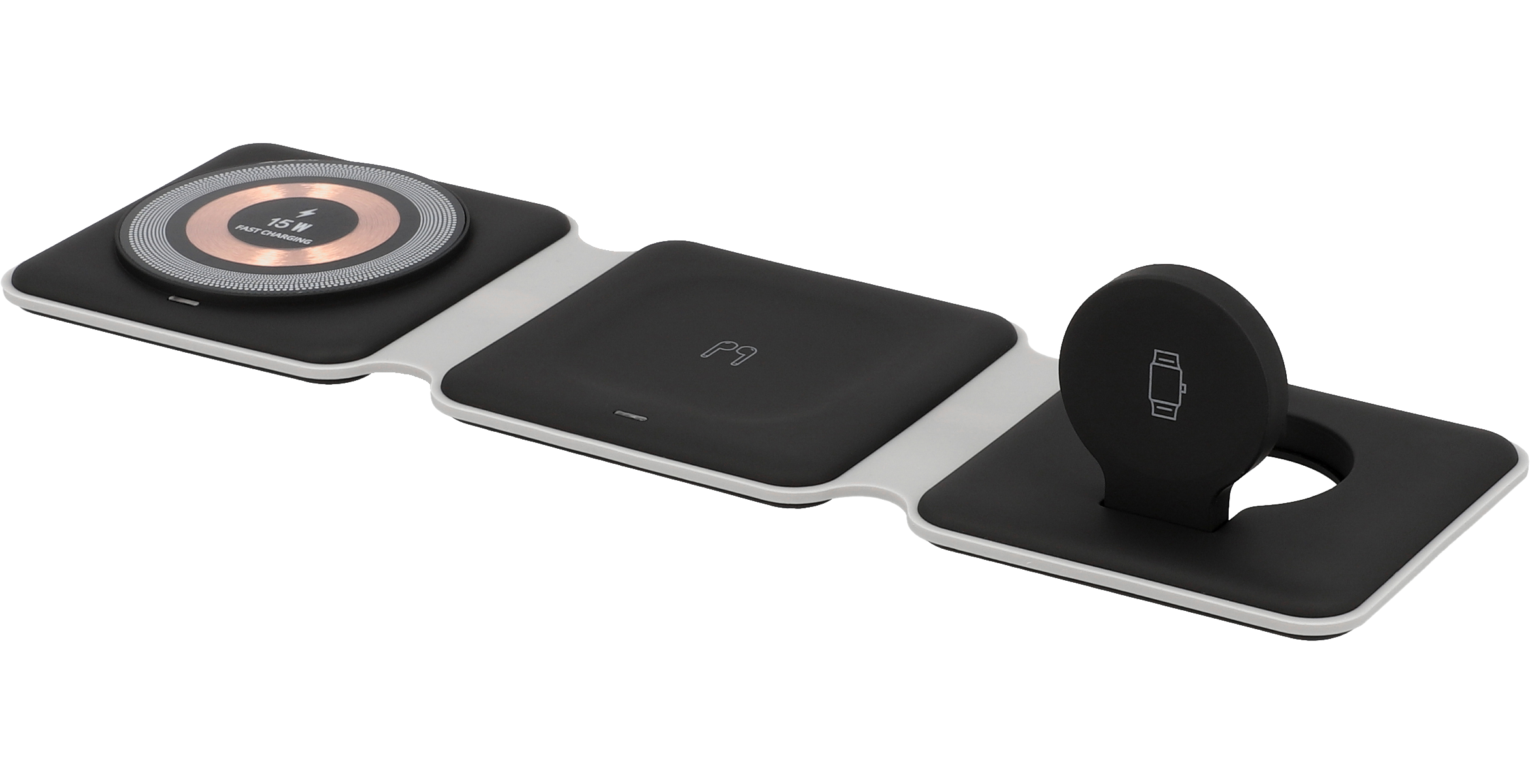 Ein kabelloses Ladepad. Das Pad hat drei Abschnitte für Telefon und Uhr.
