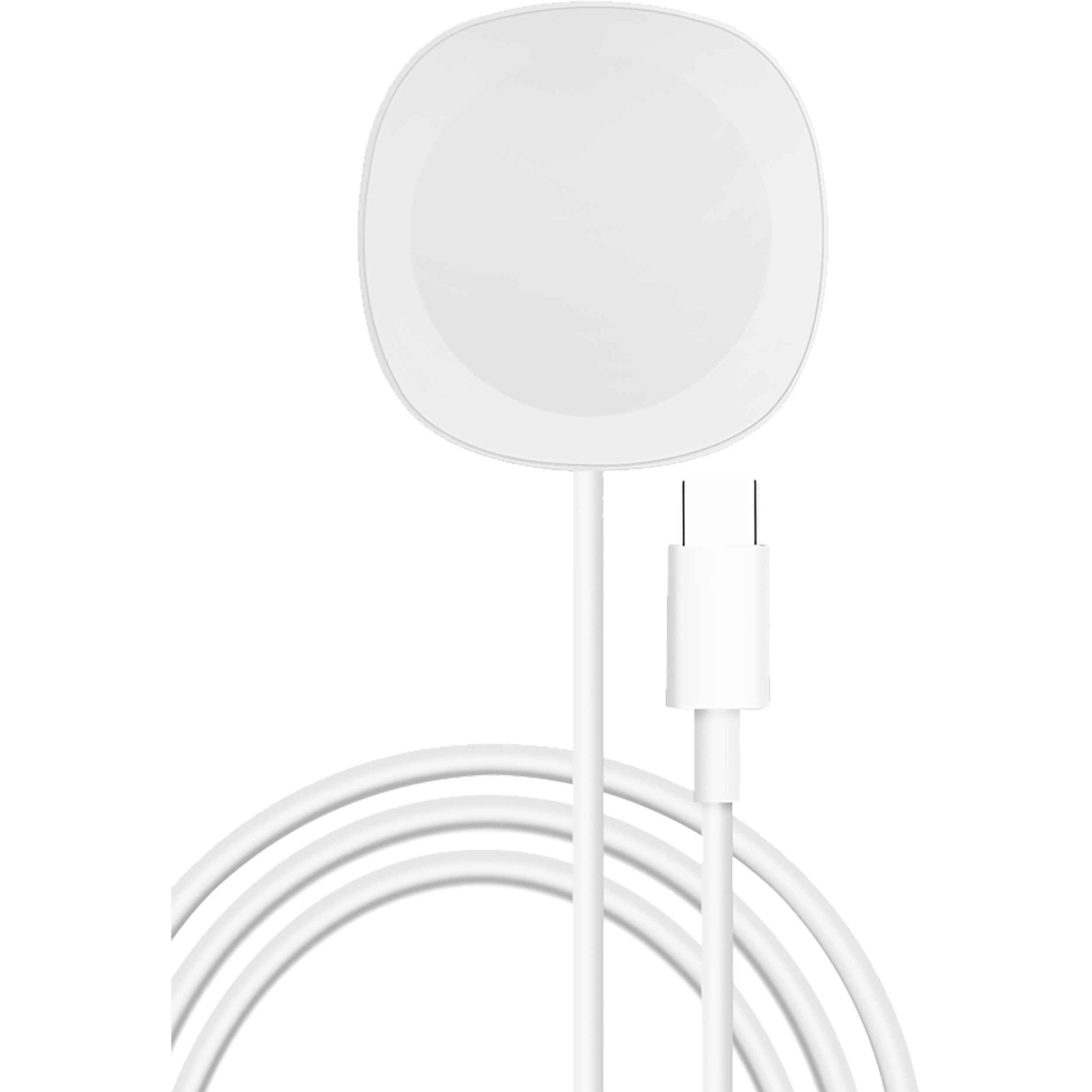 Weißes kabelloses Ladegerät mit USB-C-Kabel, kreisförmiges Design, vor schwarzem Hintergrund.