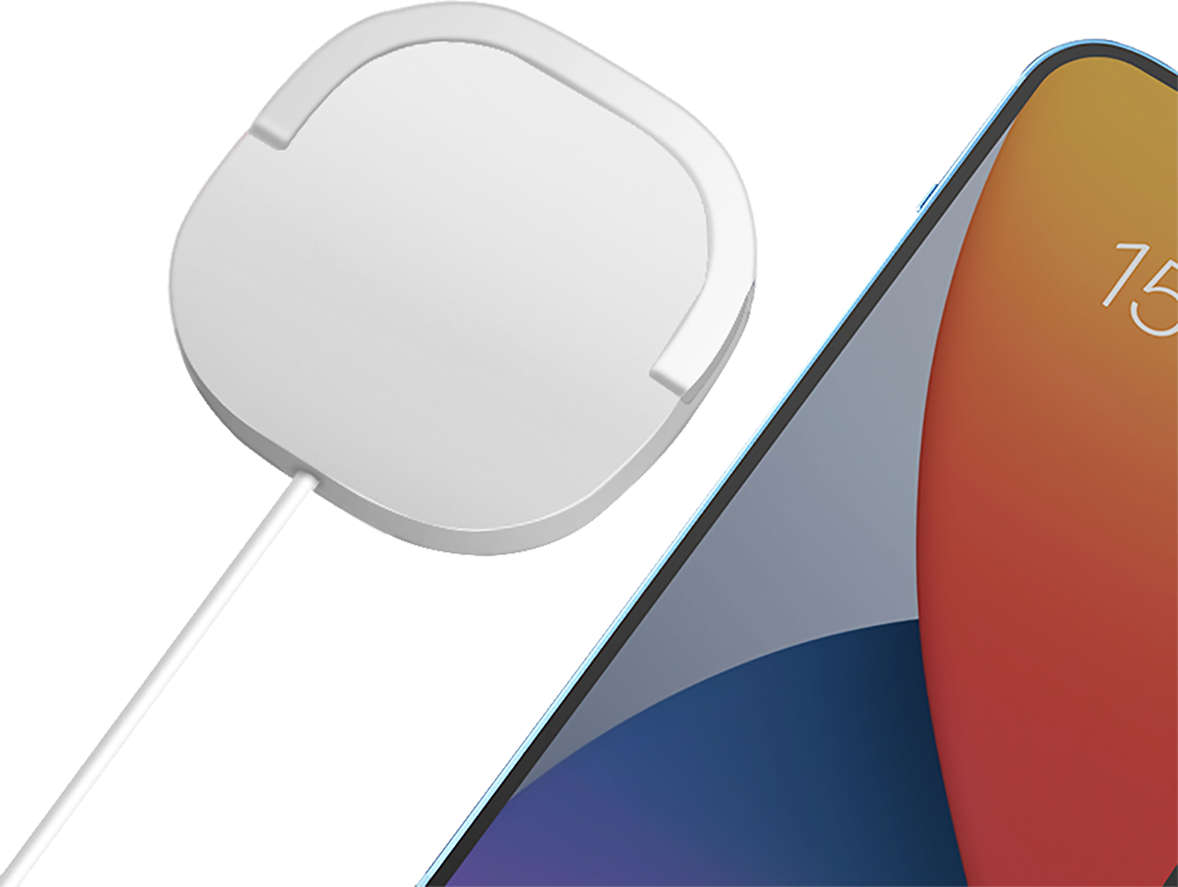 Weißes kabelloses Ladepad mit Kabel. Ein Telefon mit 75 % Ladung.