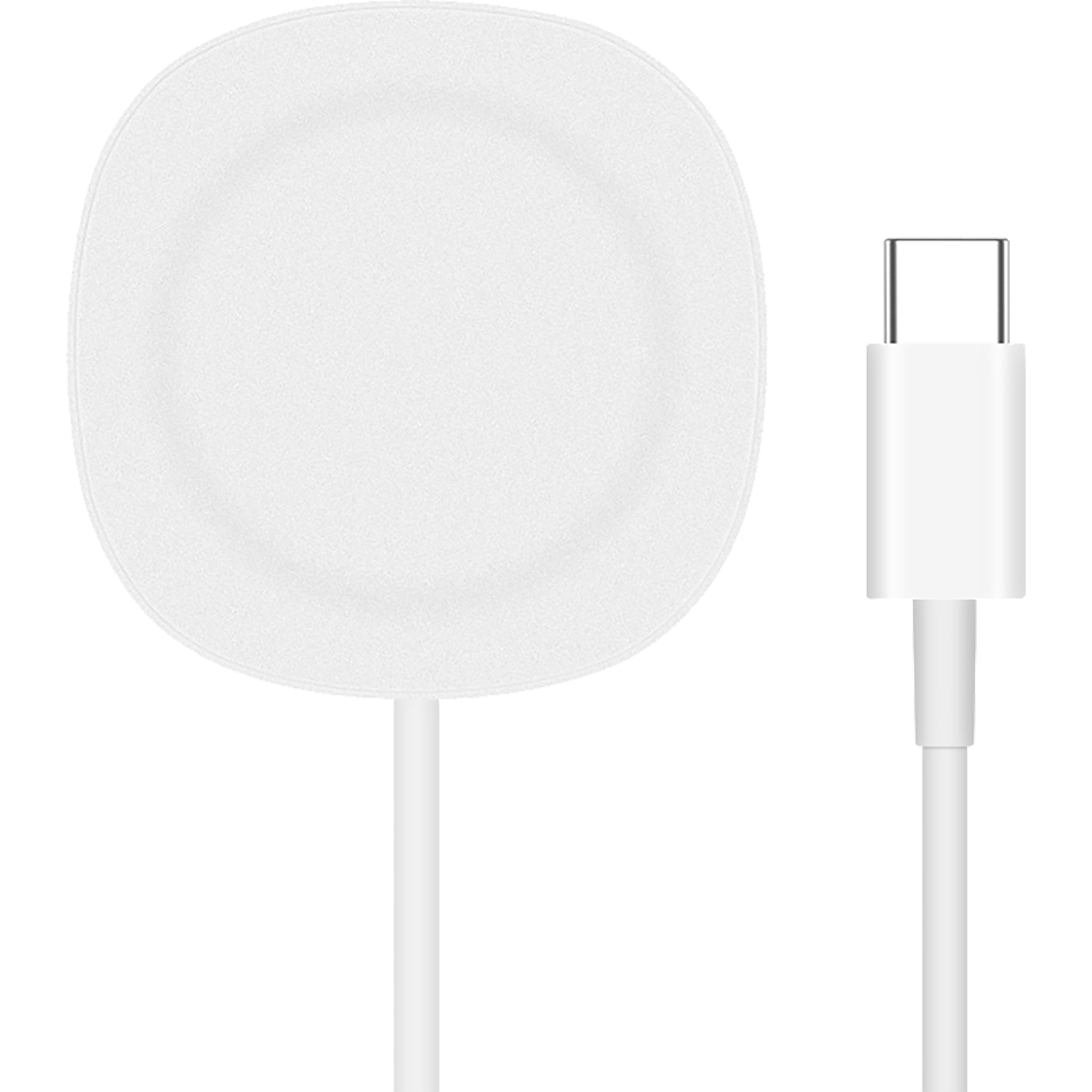 Ein weißes, rundes kabelloses Ladegerät mit angeschlossenem USB-C-Kabel.