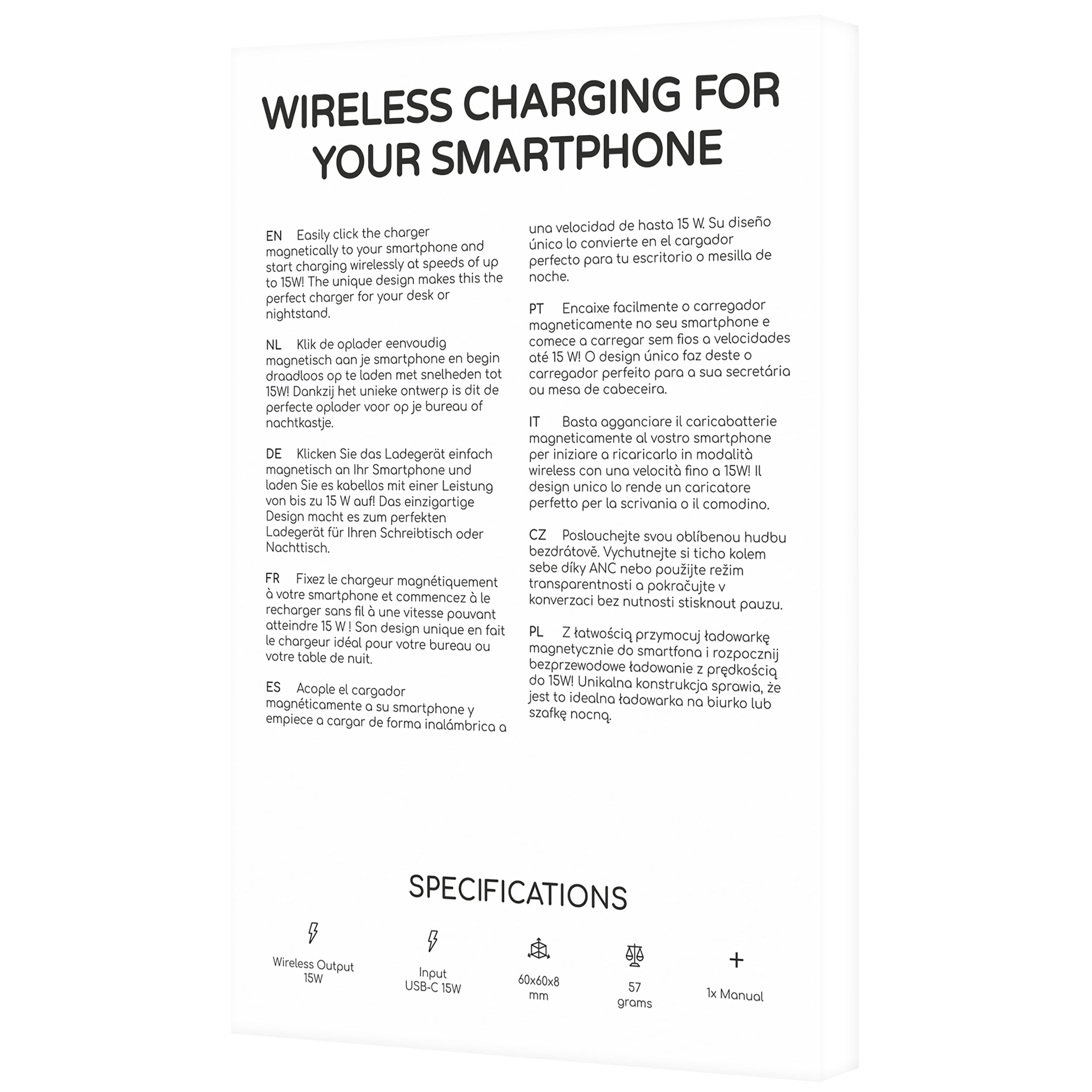 Werbeflyer mit Text über kabelloses Laden für Smartphones, Spezifikationen und Diagramm.