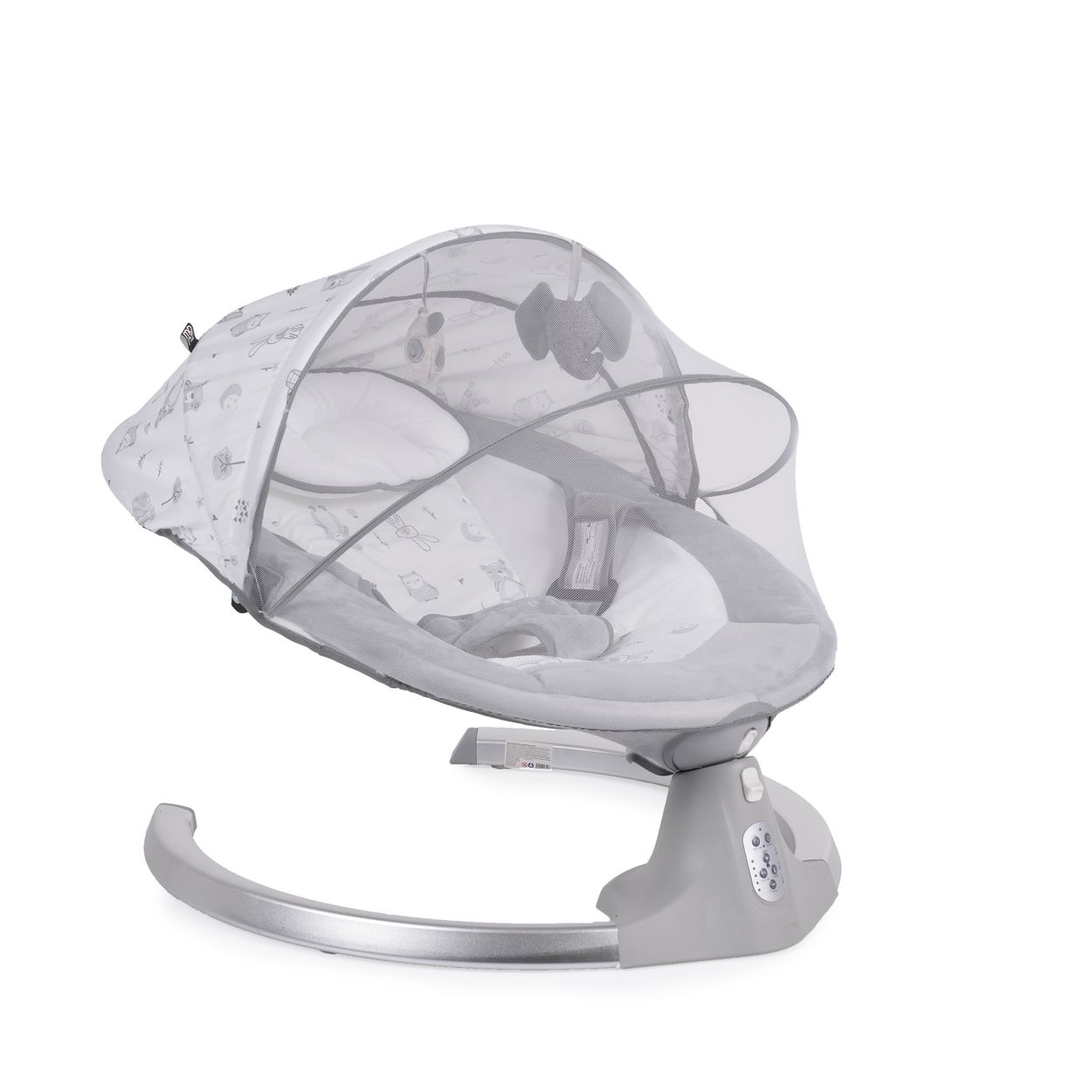 Babyschaukel mit Verdeck. Grauer Schaukelstuhl und Rahmen, weißes Verdeck mit Dekorationen.