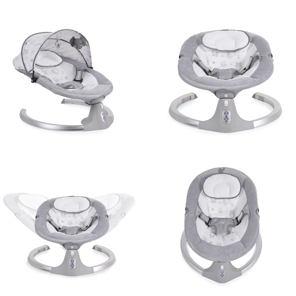 Vier Ansichten einer Babyschaukel: oben links mit Verdeck, oben rechts, unten links und rechts.