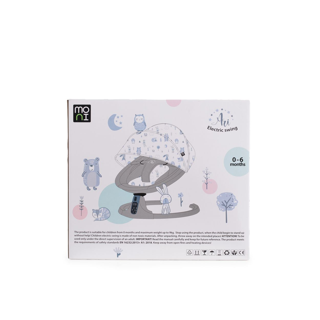 Box mit einer Babyschaukel. Enthält Illustrationen und Text, geeignet für 0-6 Monate.