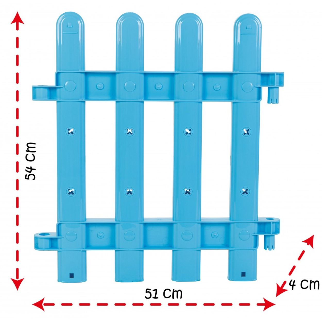 Blauer Kunststoffzaunabschnitt mit vier vertikalen Stäben und den Maßen 54 cm und 51 cm.