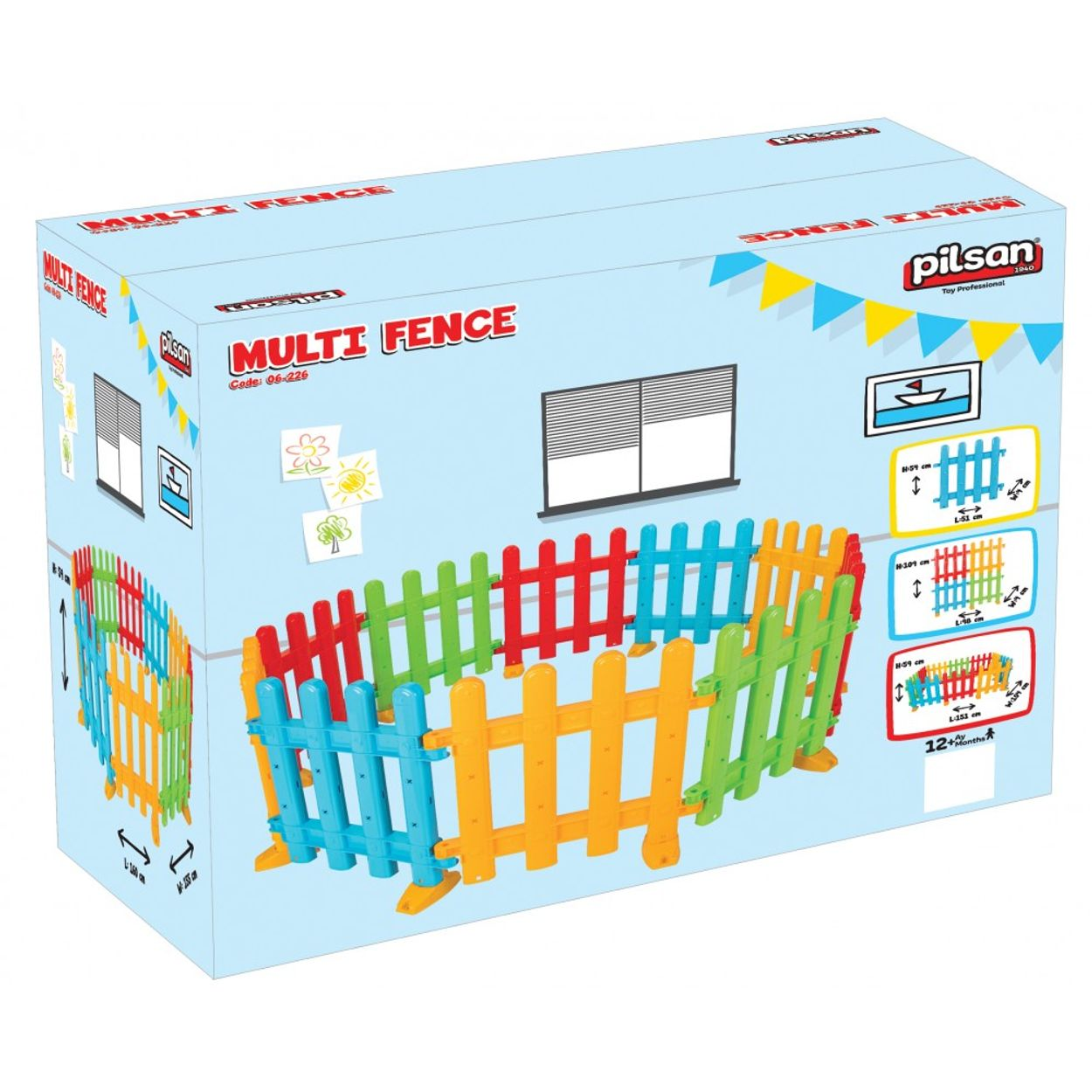 Bunter Spielzeugzaun mit einer blauen Box, die einen eingezäunten Spielbereich zeigt.