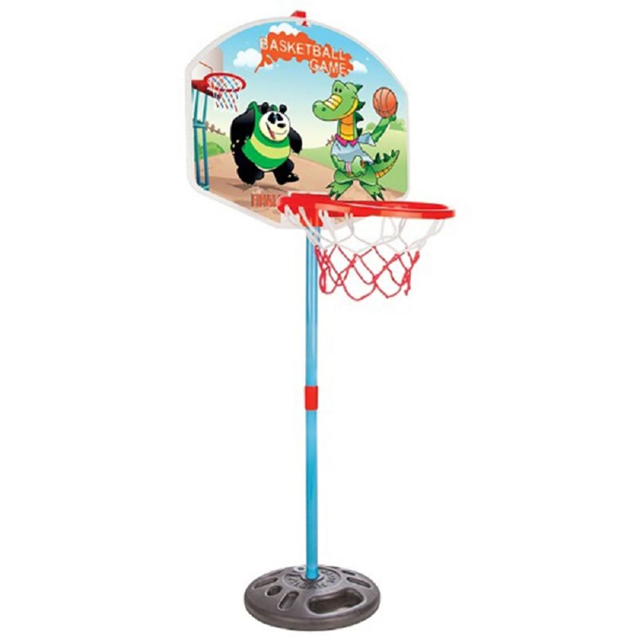 Ein Basketballkorb-Set mit einem Cartoon-Panda und -Krokodil auf einem Ständer.