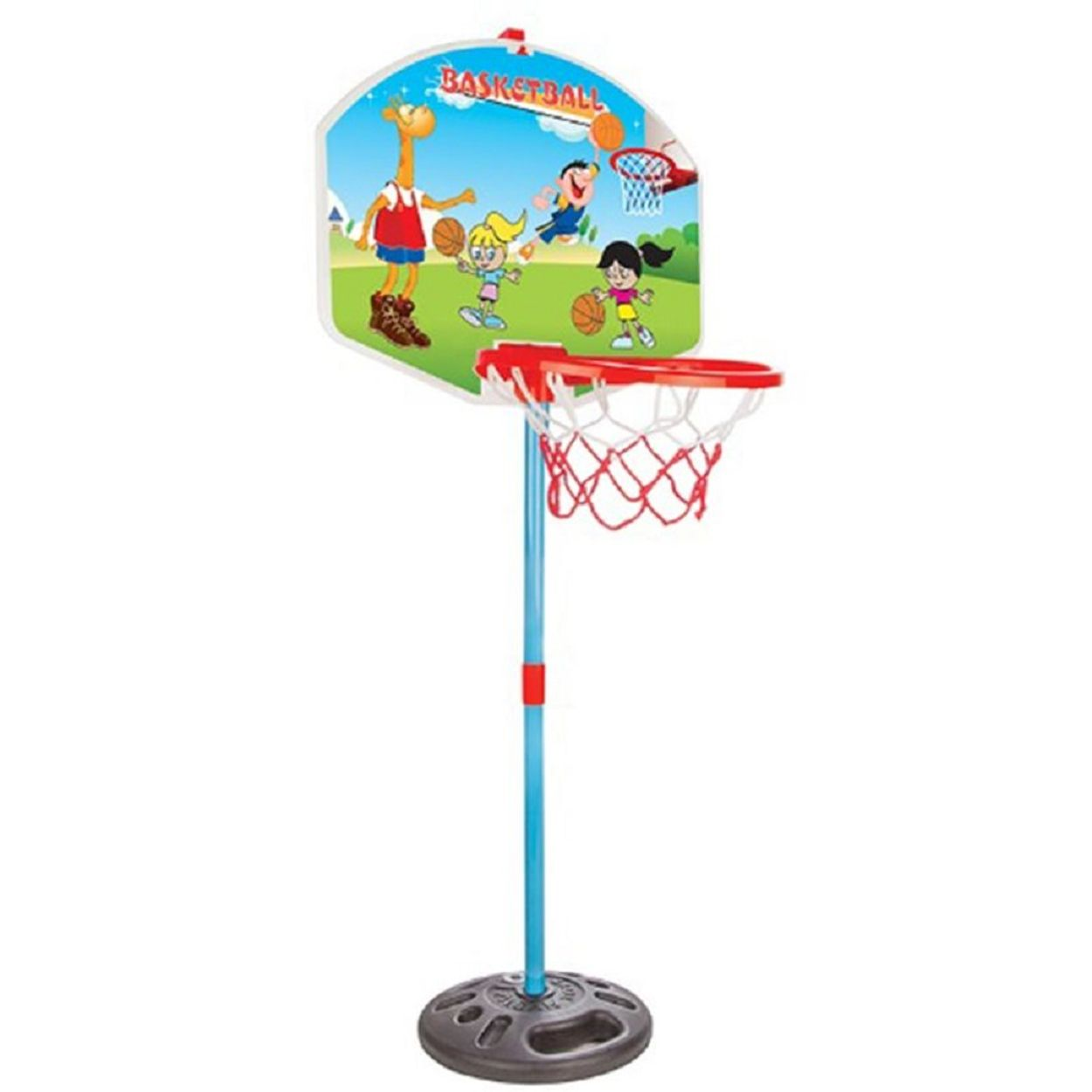 Kinder-Basketballkorb mit Cartoon-Grafiken und einem Basketball.