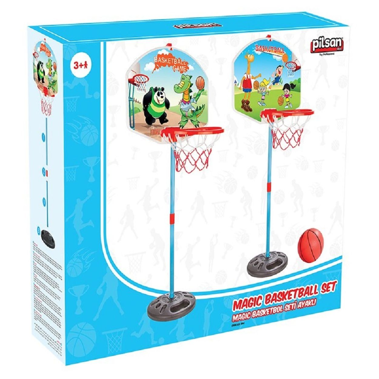 Box-Basketballspielset. Zeigt Basketballkörbe und einen roten Ball.