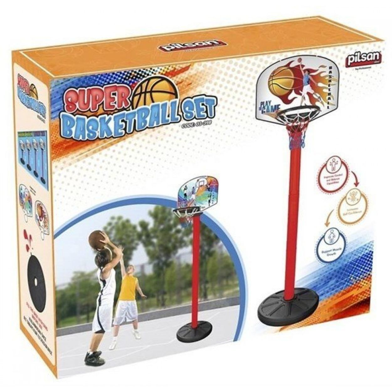 Basketball-Set-Box. Ein Junge wirft einen Ball. Zwei Basketballkörbe.