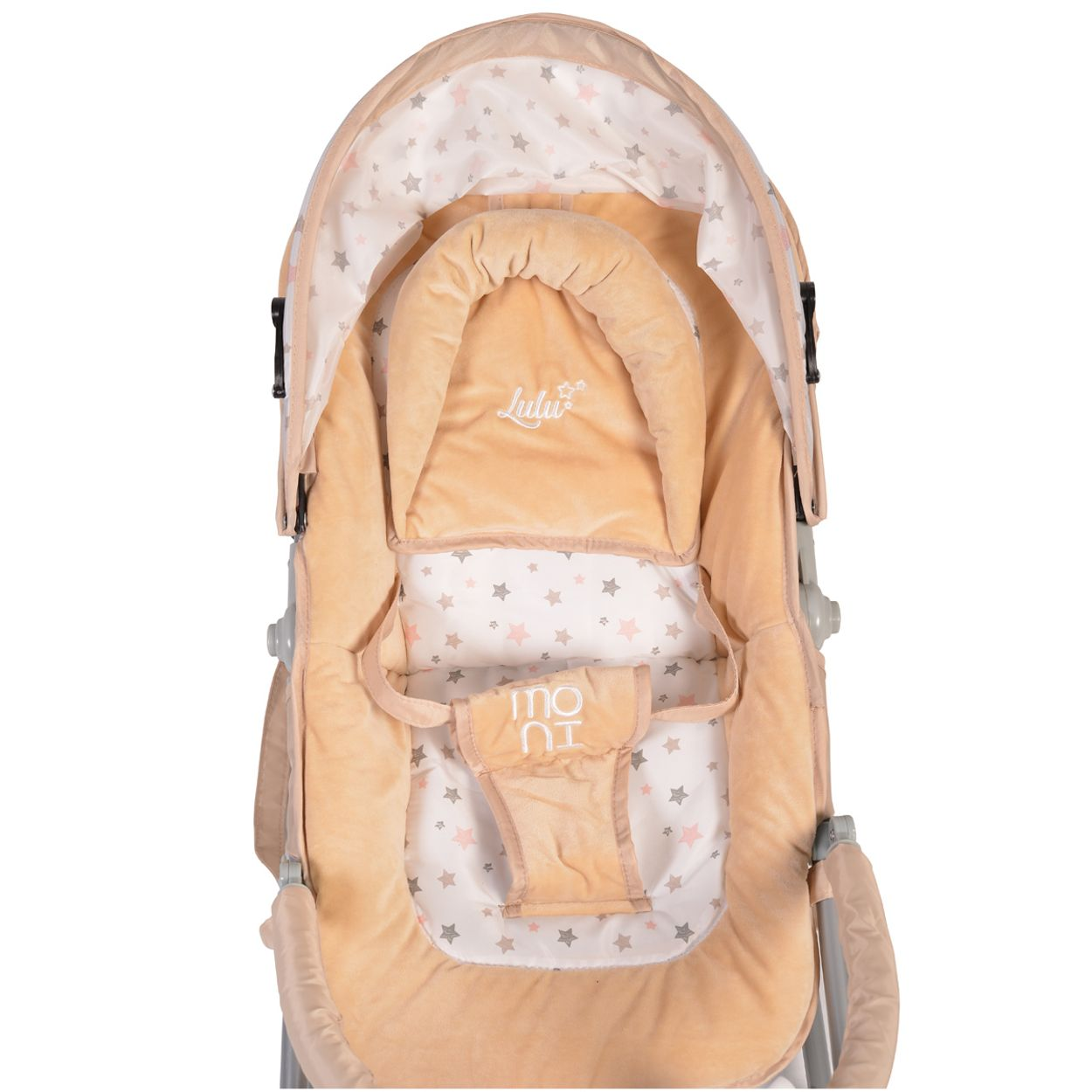Babywippe in Beige mit Sternenmuster-Baldachin und 'Lulu' und 'moni' Logo.