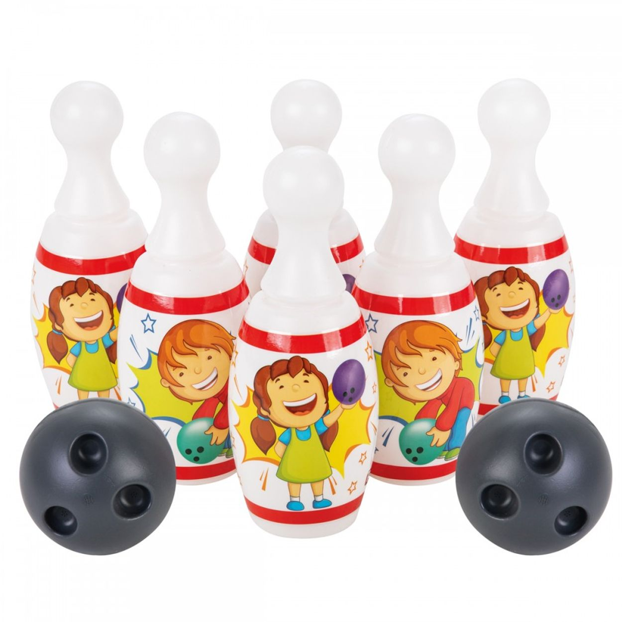 Bowling-Set: sechs weiße Kegel mit Cartoon-Kindern, zwei schwarze Kugeln auf weißem Hintergrund.