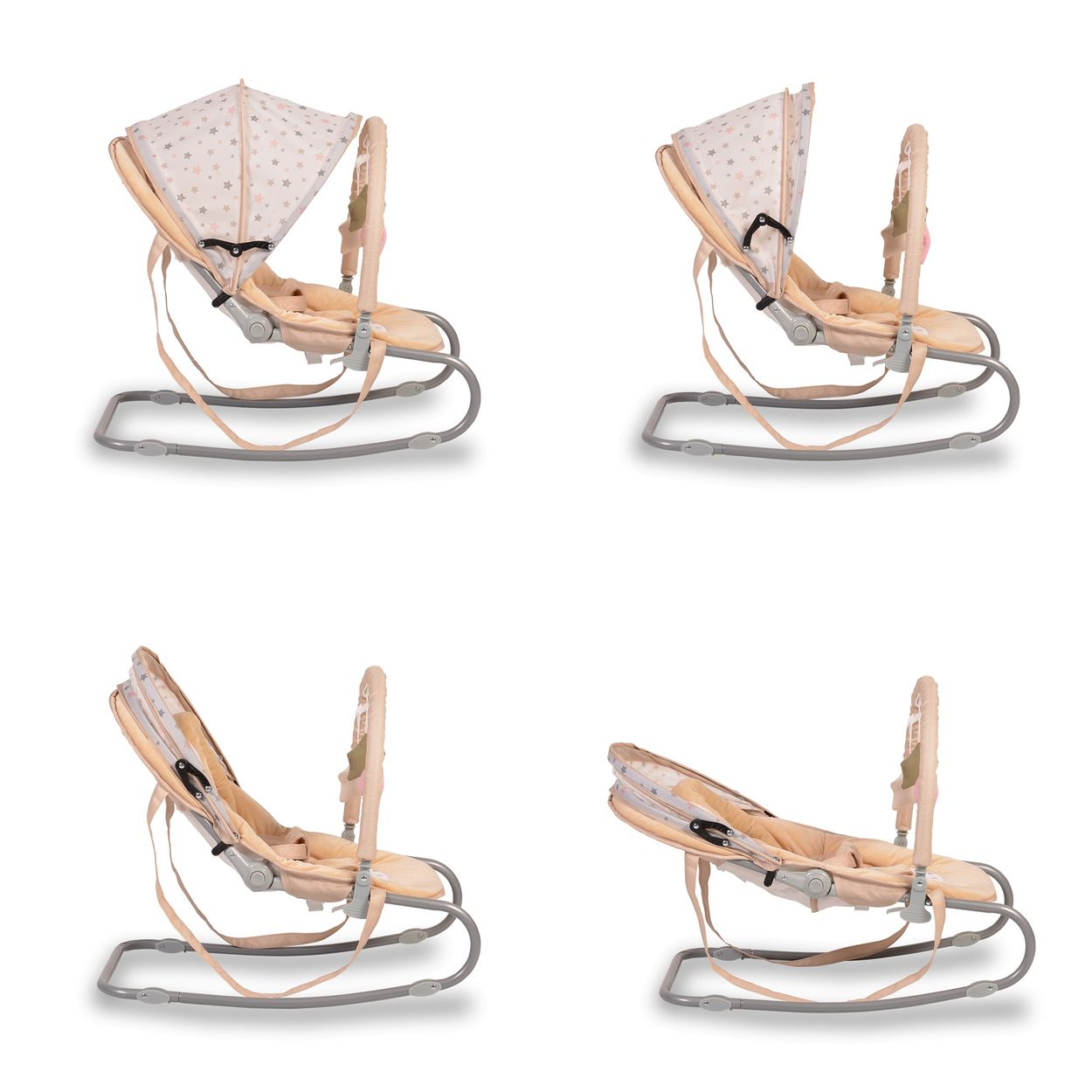 Vier Babywippen. Jede mit einem Verdeck und einem Sitz mit Sternenmuster, auf weißem Hintergrund.
