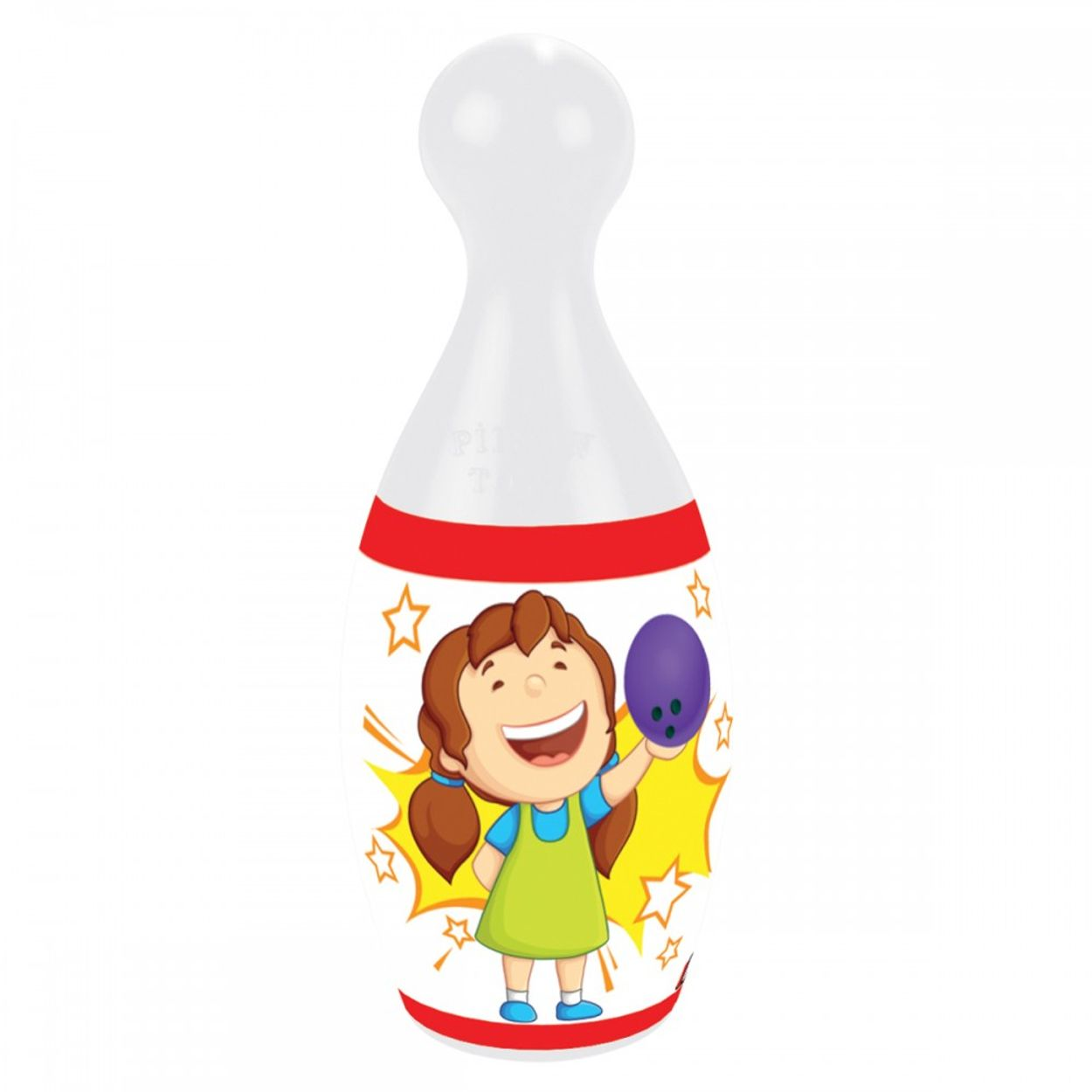 Ein lächelndes Mädchen, das eine lila Bowlingkugel auf einer Bowlingkegel hält.