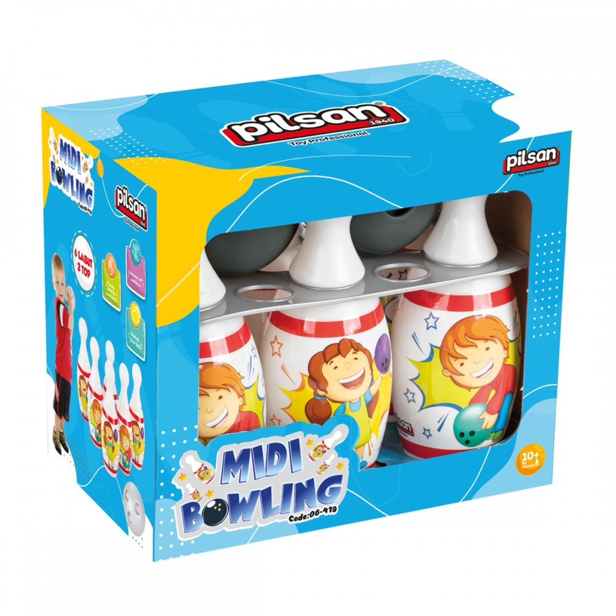 Verpacktes Bowling-Spielzeug mit Stiften mit Comicfiguren und einer blauen Bowlingkugel.
