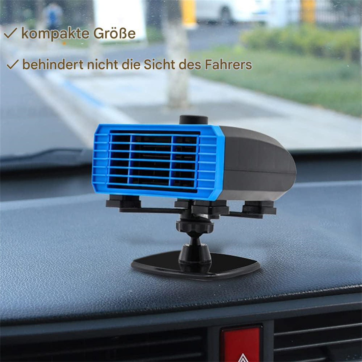 Ein blau-schwarzer Autolüfter ist auf einem Armaturenbrett montiert. Text auf Deutsch ist ebenfalls sichtbar.