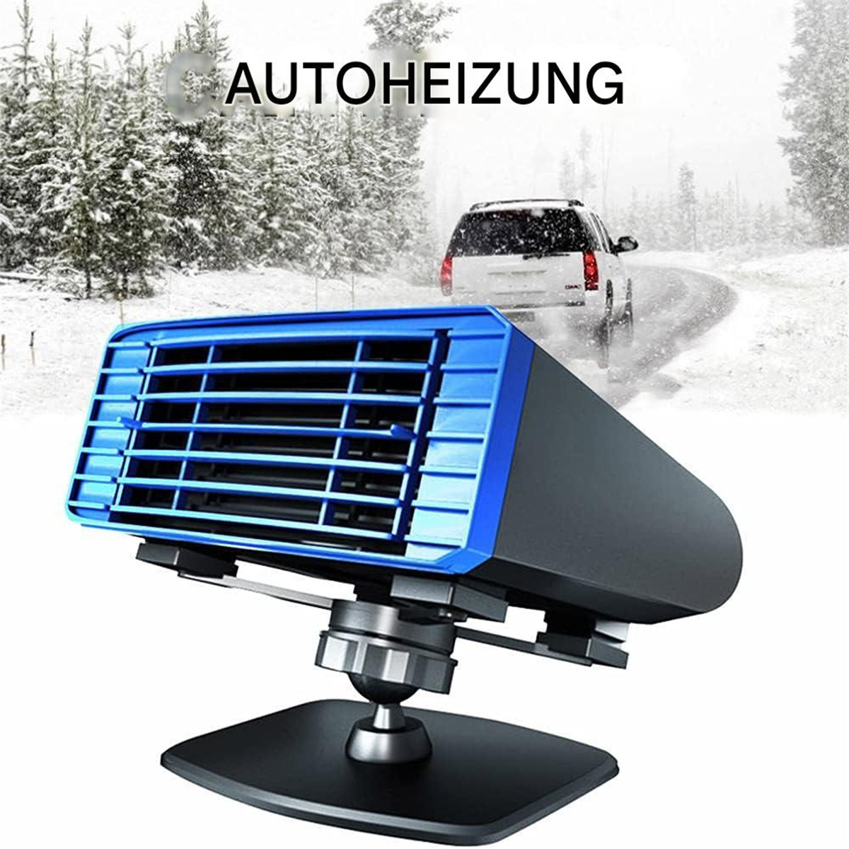 Autoheizung mit blauem Vorderteil. Hintergrund ist eine schneebedeckte Straße und Bäume.