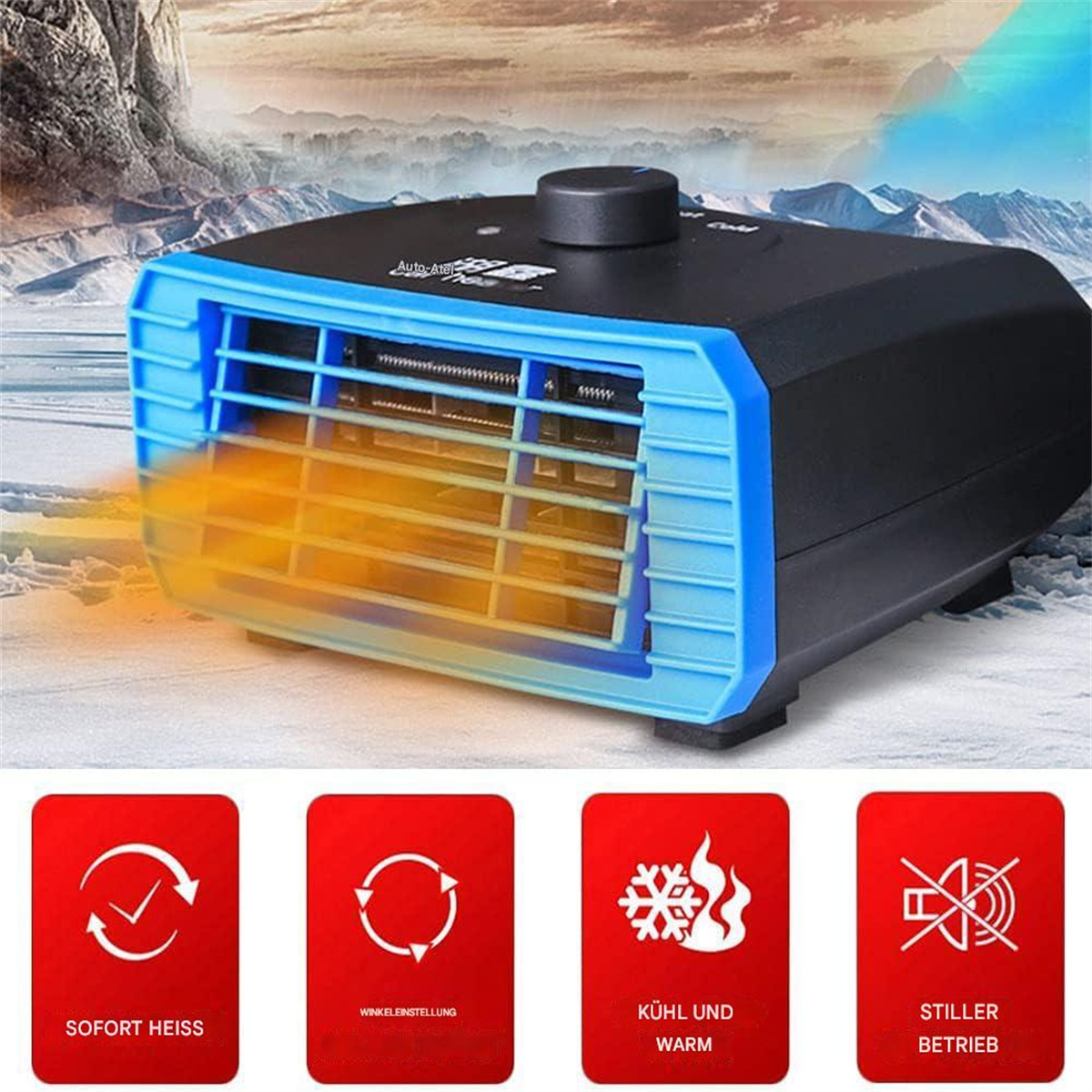 Schwarz-blauer Autoheizer auf Schnee. Symbole zeigen Funktionen: heiß, einstellbar, kühl & warm, leise.