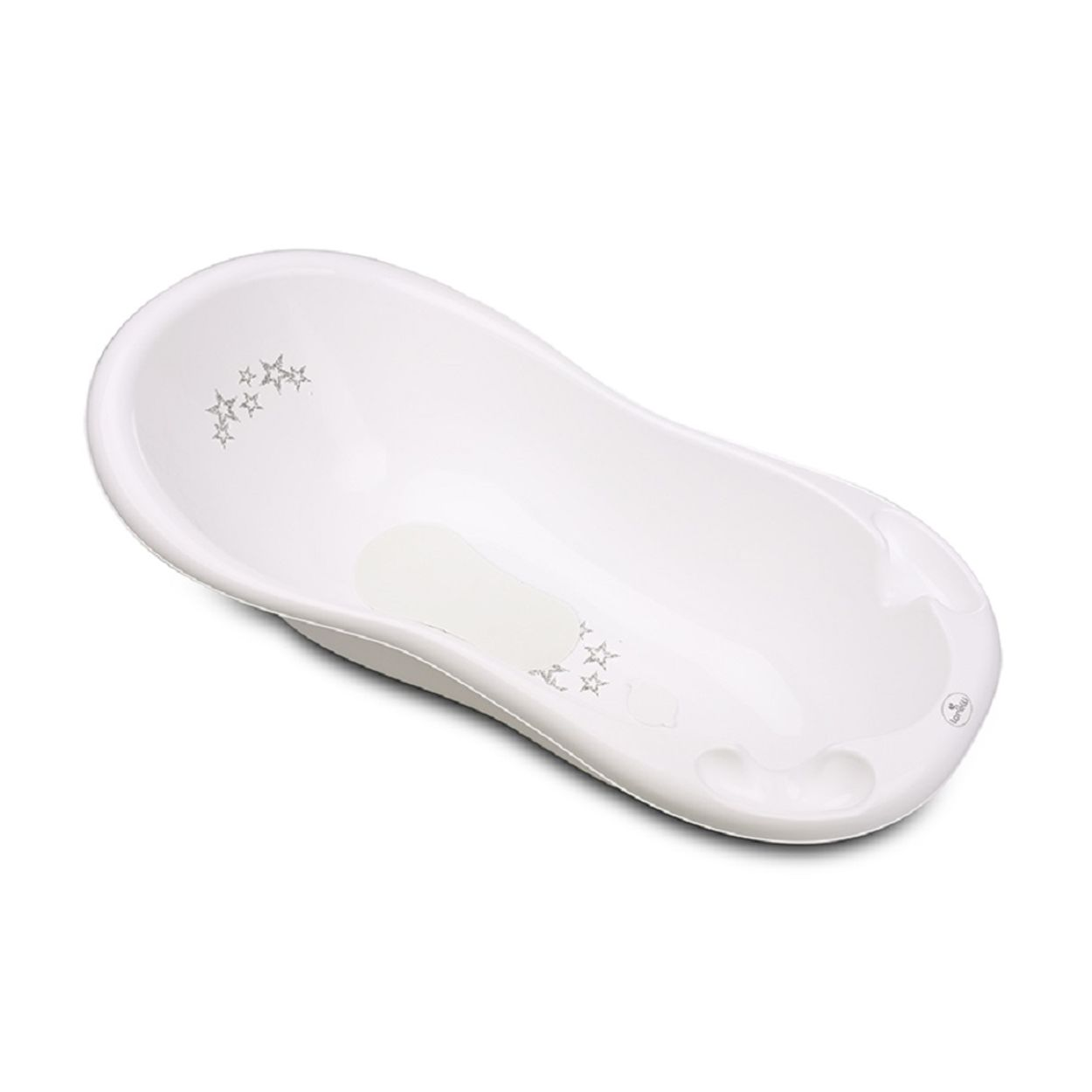 Eine weiße Babybadewanne mit Sterneindrücken. Sie ist oval geformt und leer, auf weißem Hintergrund.