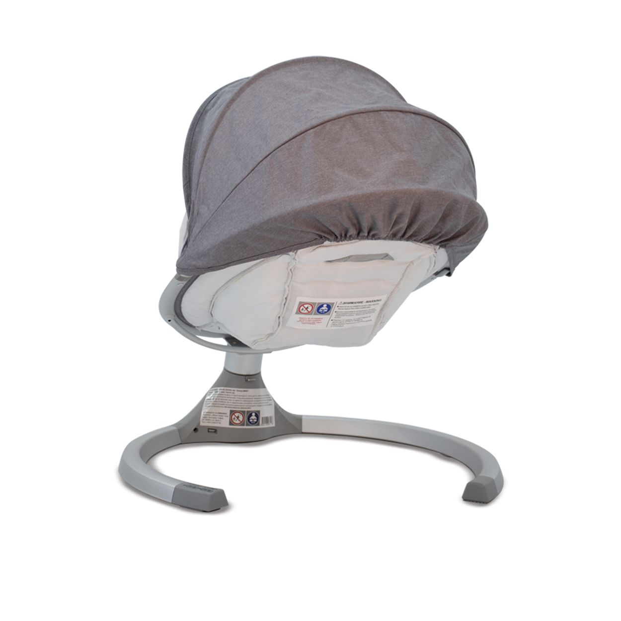 Eine graue Babyschaukel mit Verdeck auf weißem Hintergrund.