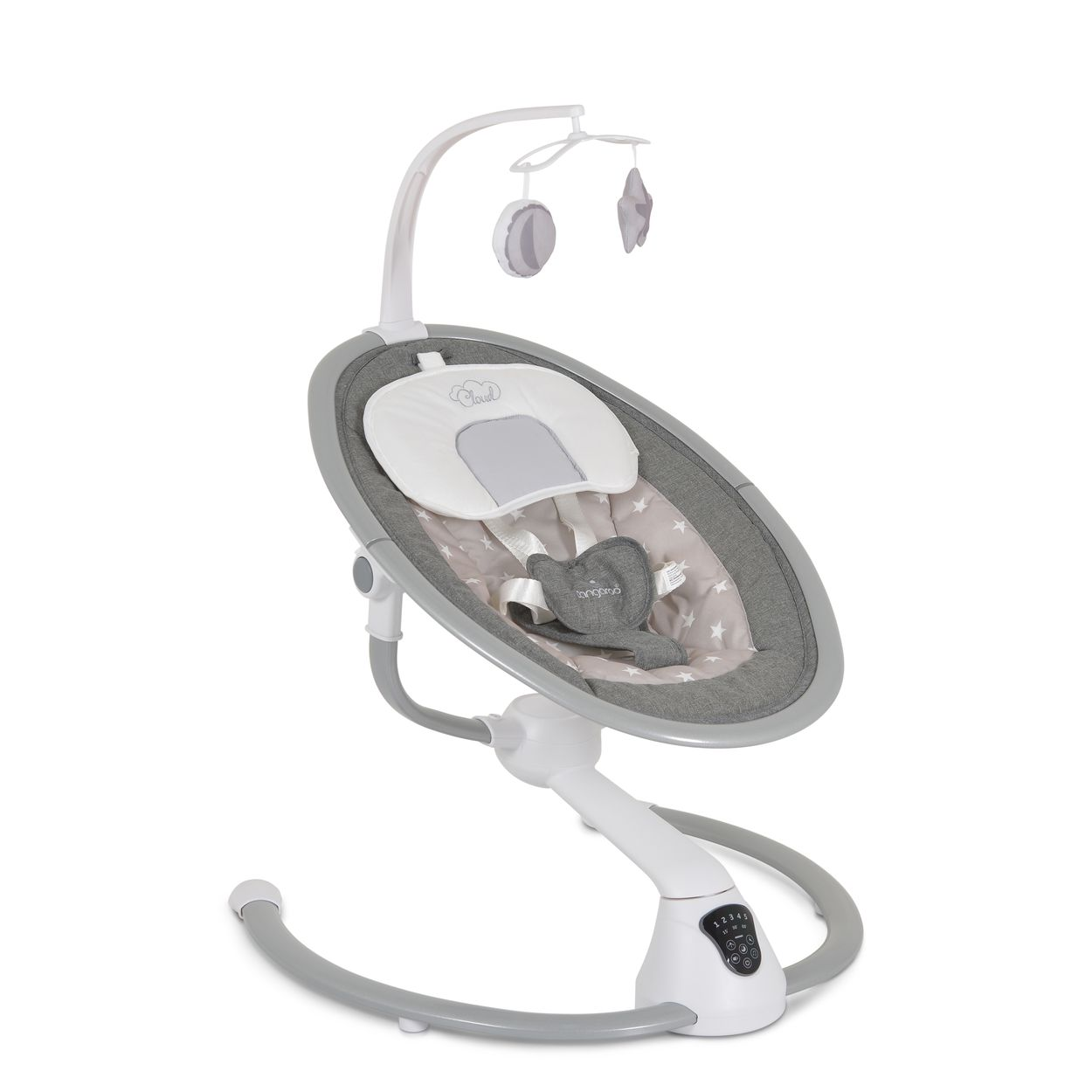 Graue und weiße Babyschaukel mit hängendem Mobile und Bedienfeld an der Basis.
