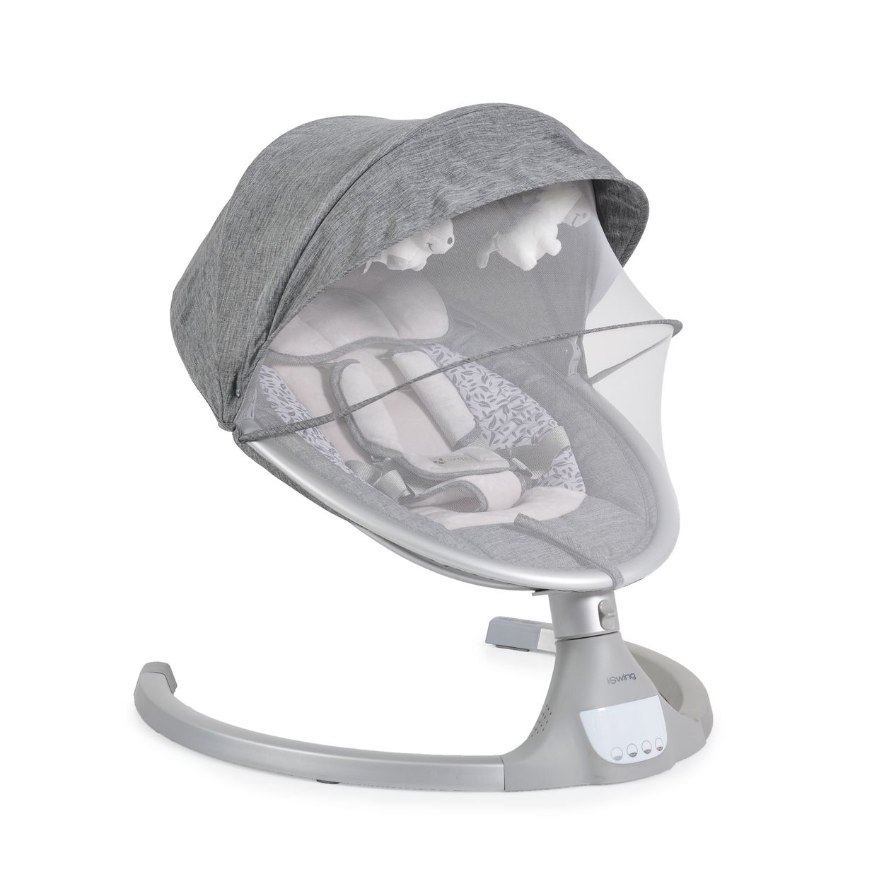 Eine graue Babyschaukel mit Verdeck und einem Netz. Die Schaukel befindet sich auf weißem Hintergrund.