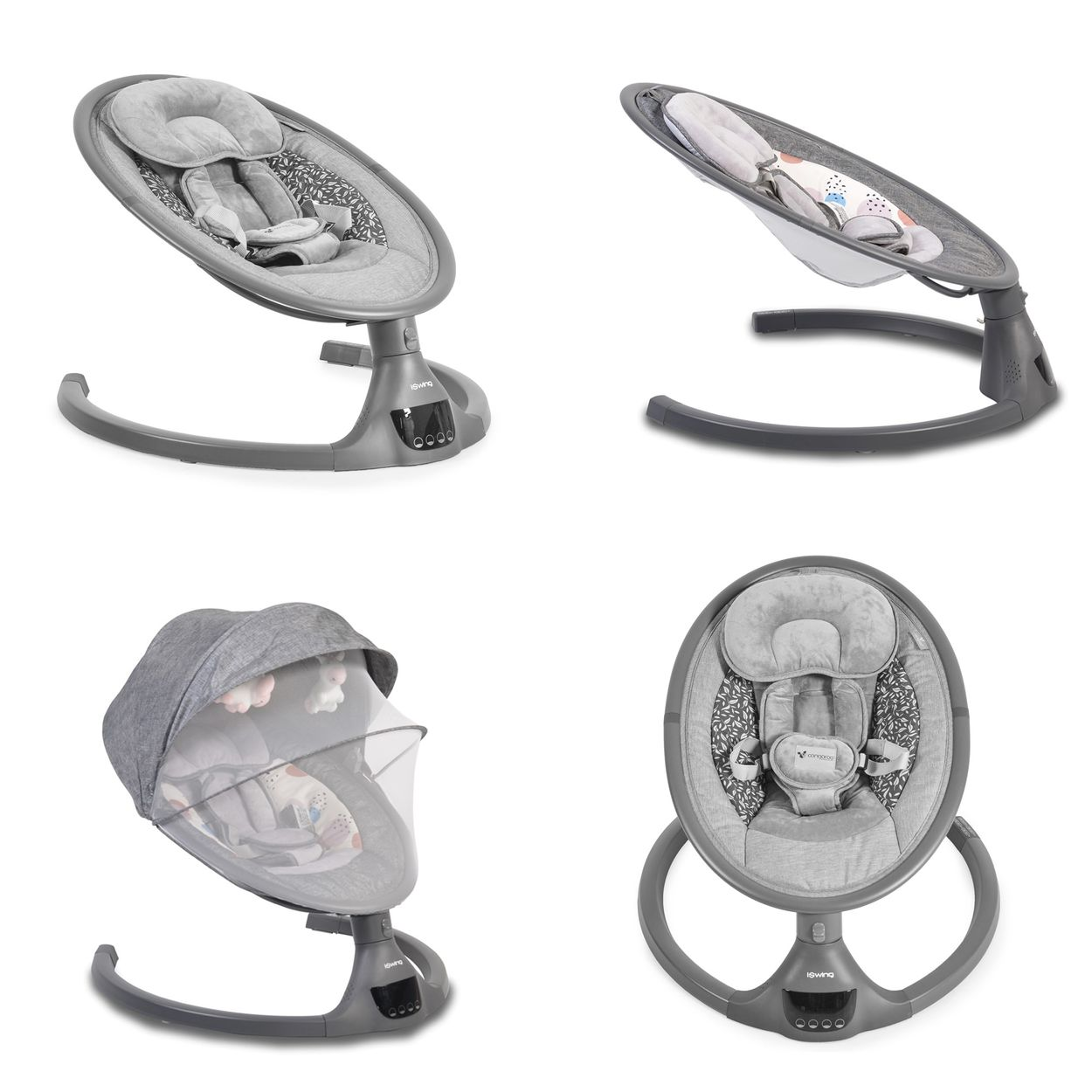 Babyschaukel in vier Ansichten, grau mit gemustertem Sitz und Baldachin.