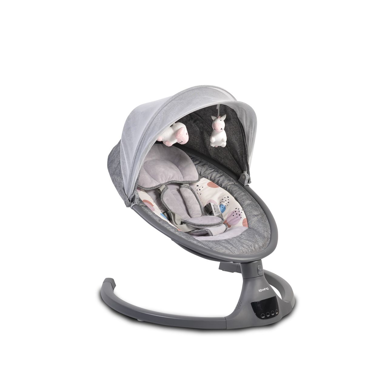 Babyschaukel in Grau, mit Baldachin, Sitz mit Spielzeug und Bedienfeld.
