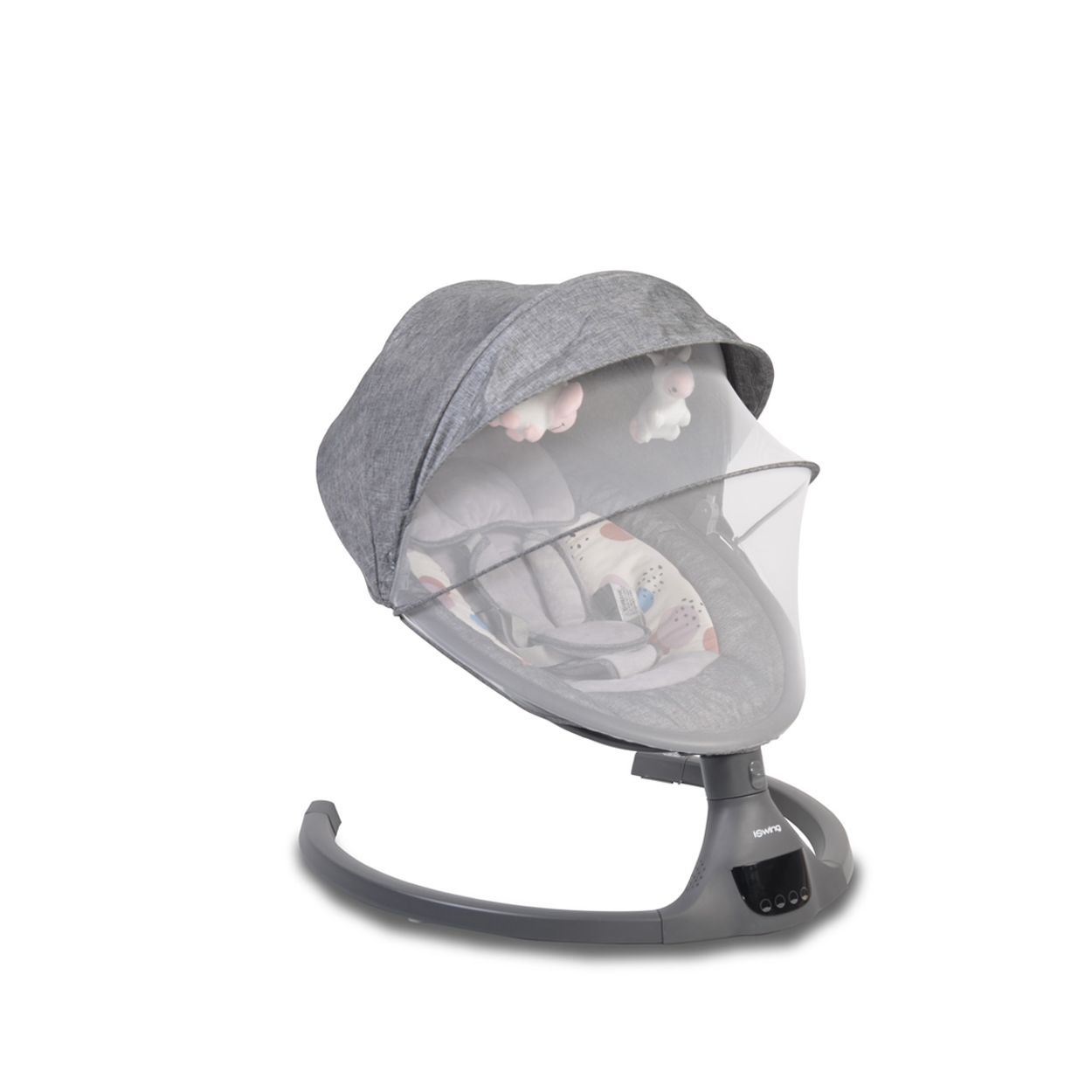 Eine graue Babyschaukel mit Verdeck und Moskitonetz. Die Schaukel steht vor weißem Hintergrund.