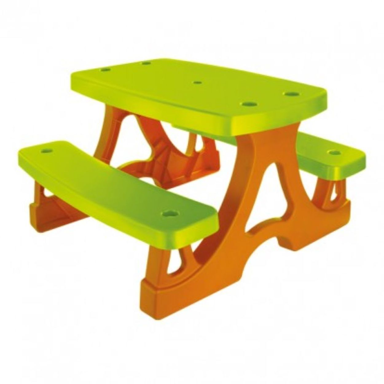 Grüner und orangener Picknicktisch aus Kunststoff. Ein einfaches Design für den Außenbereich.