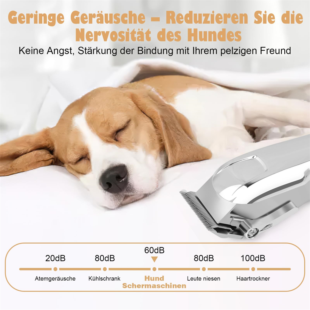 Schlafender Hund mit weißem Trimmer und Geräuschpegeldiagramm von 20dB bis 100dB.