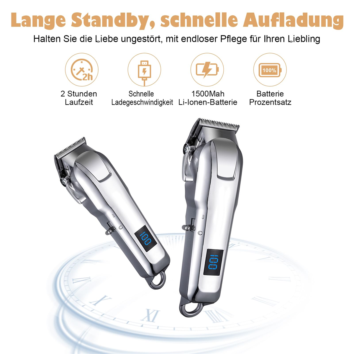 Zwei silberne Haarschneidemaschinen mit Digitalanzeigen. Text auf Deutsch: Lange Standby, schnelles Laden.