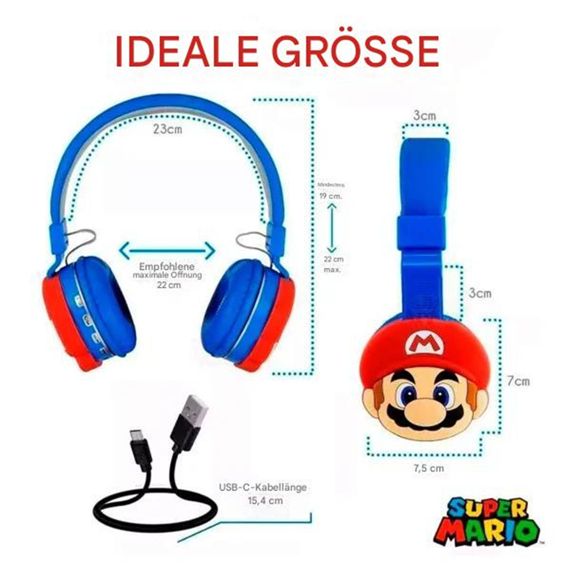 Ein Kopfhörer-Set im Super Mario-Design mit Abmessungen und einem USB-Kabel.