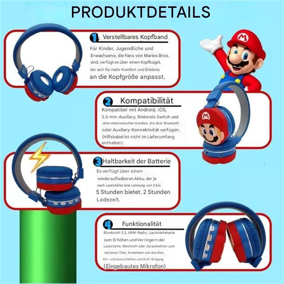 Produktdetails zu Mario Bros Kopfhörern, mit Bildern der Kopfhörer und Mario. Text auf Deutsch.