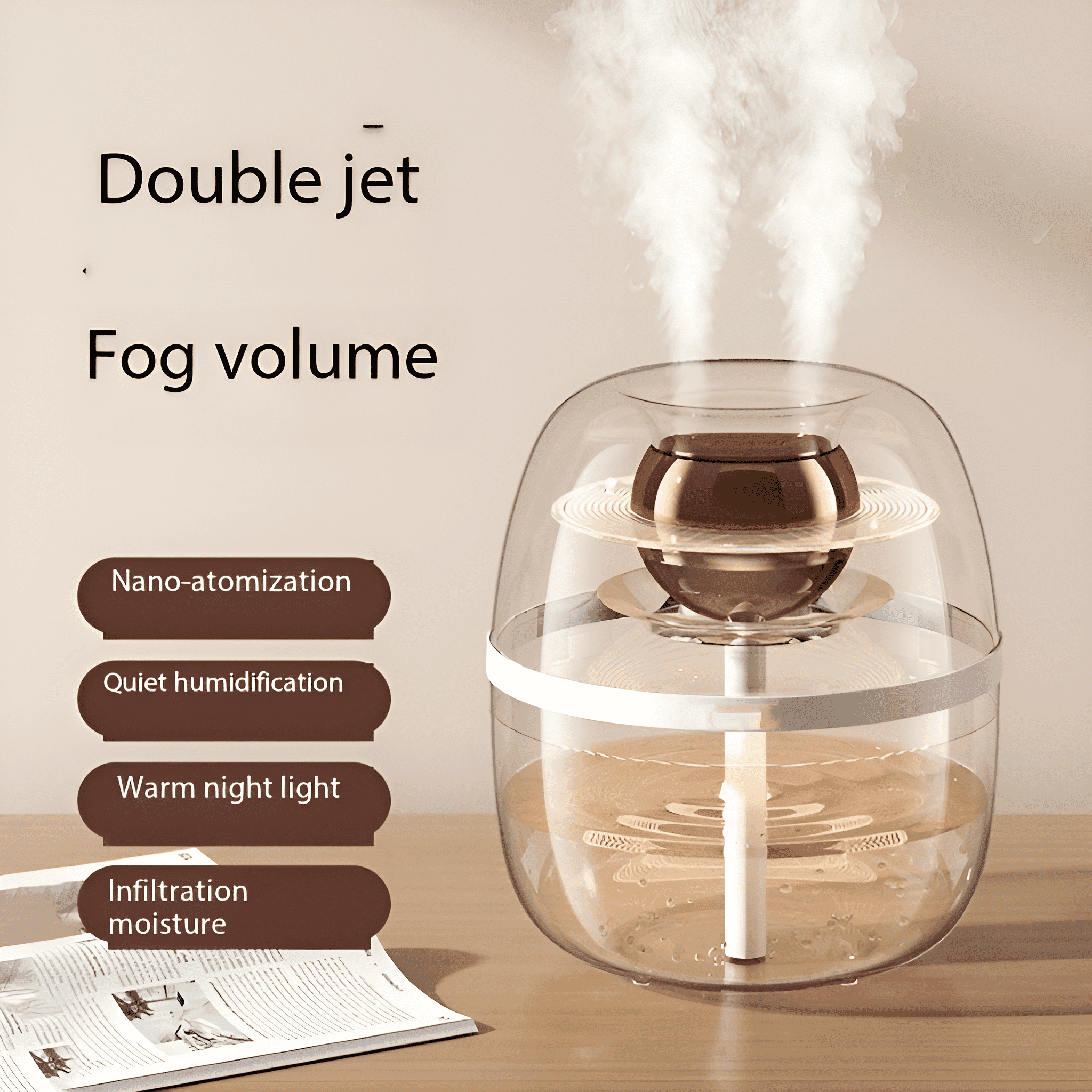 Transparenter Luftbefeuchter mit Wasser, Dampf und Textlabels: Doppeldüse, Nebelvolumen, Nano-Zerstäubung.