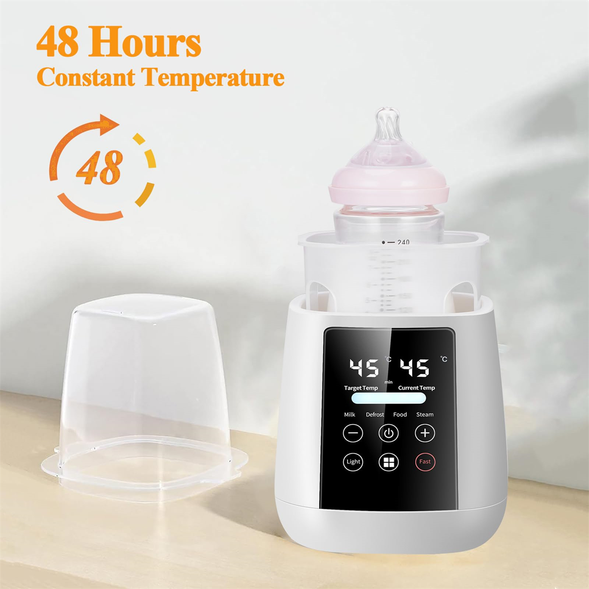 Babyflaschenwärmer mit Flasche und Deckel. Zeigt Temperatur- und Zeitanzeigen. Weiß mit schwarzen Akzenten.