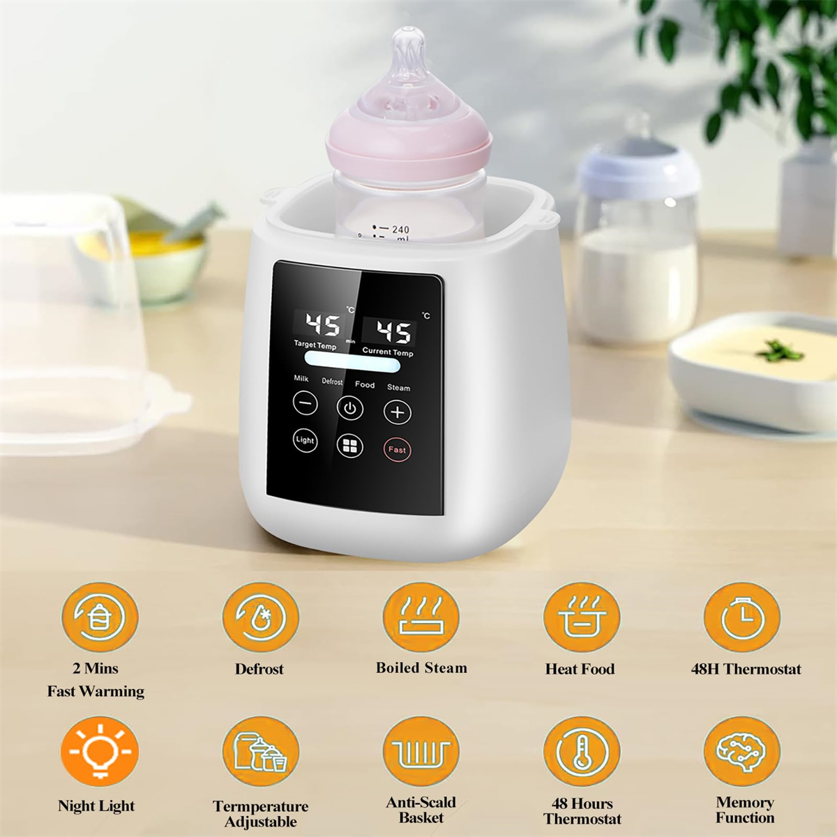 Ein weißer Babyflaschenwärmer mit einer Flasche und einem Digitaldisplay, das Temperatur und Zeit anzeigt.