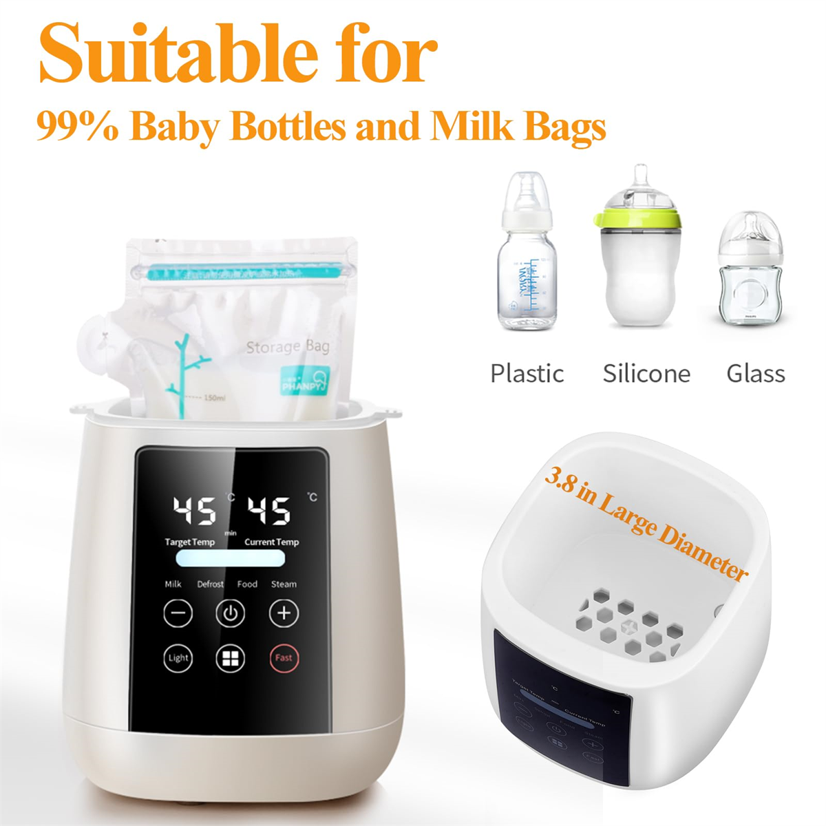 Babyflaschenwärmer mit Flaschen darin, mit der Aufschrift für Babyflaschen geeignet.