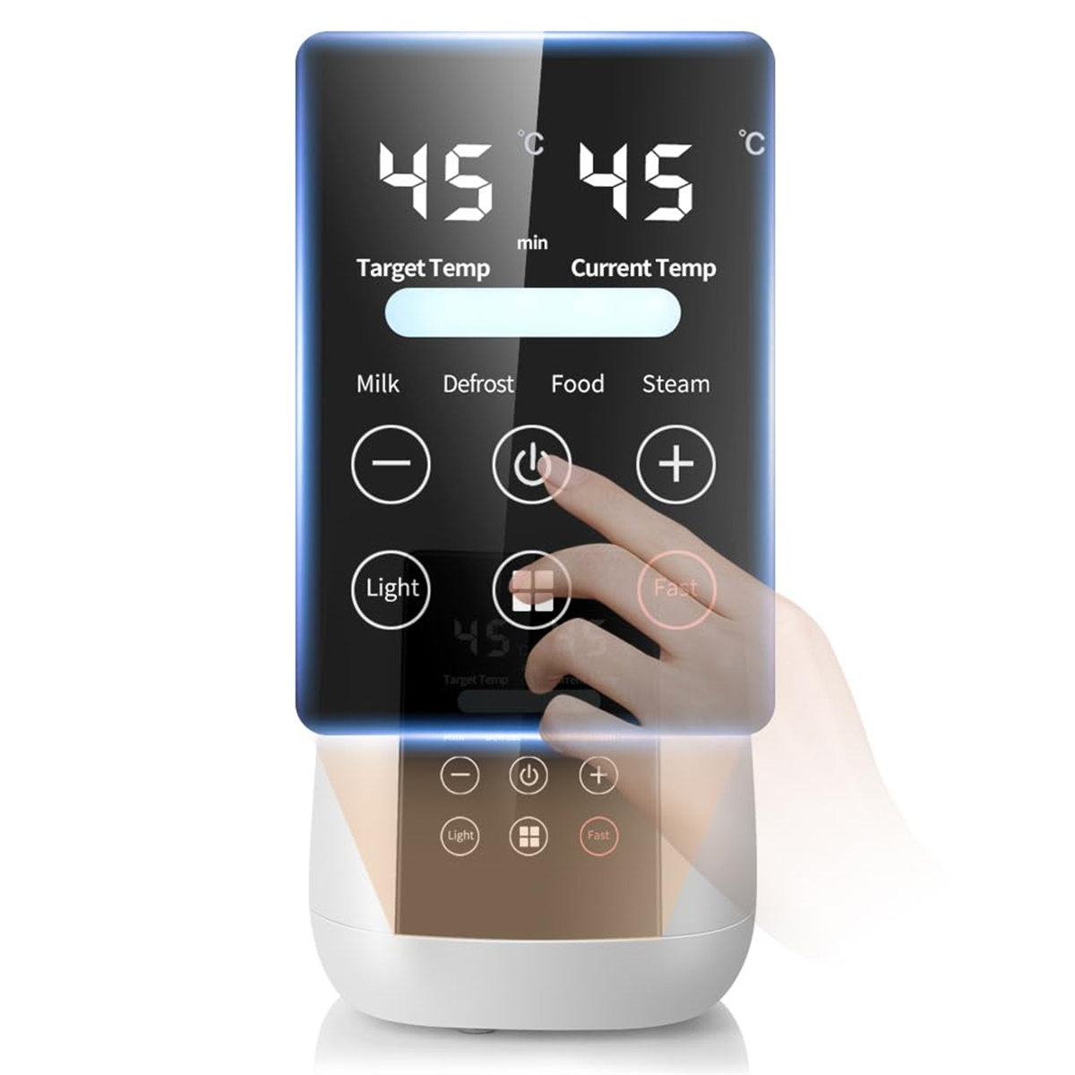 Digitaler Babyflaschenwärmer mit Touchscreen-Oberfläche und weißer Basis.