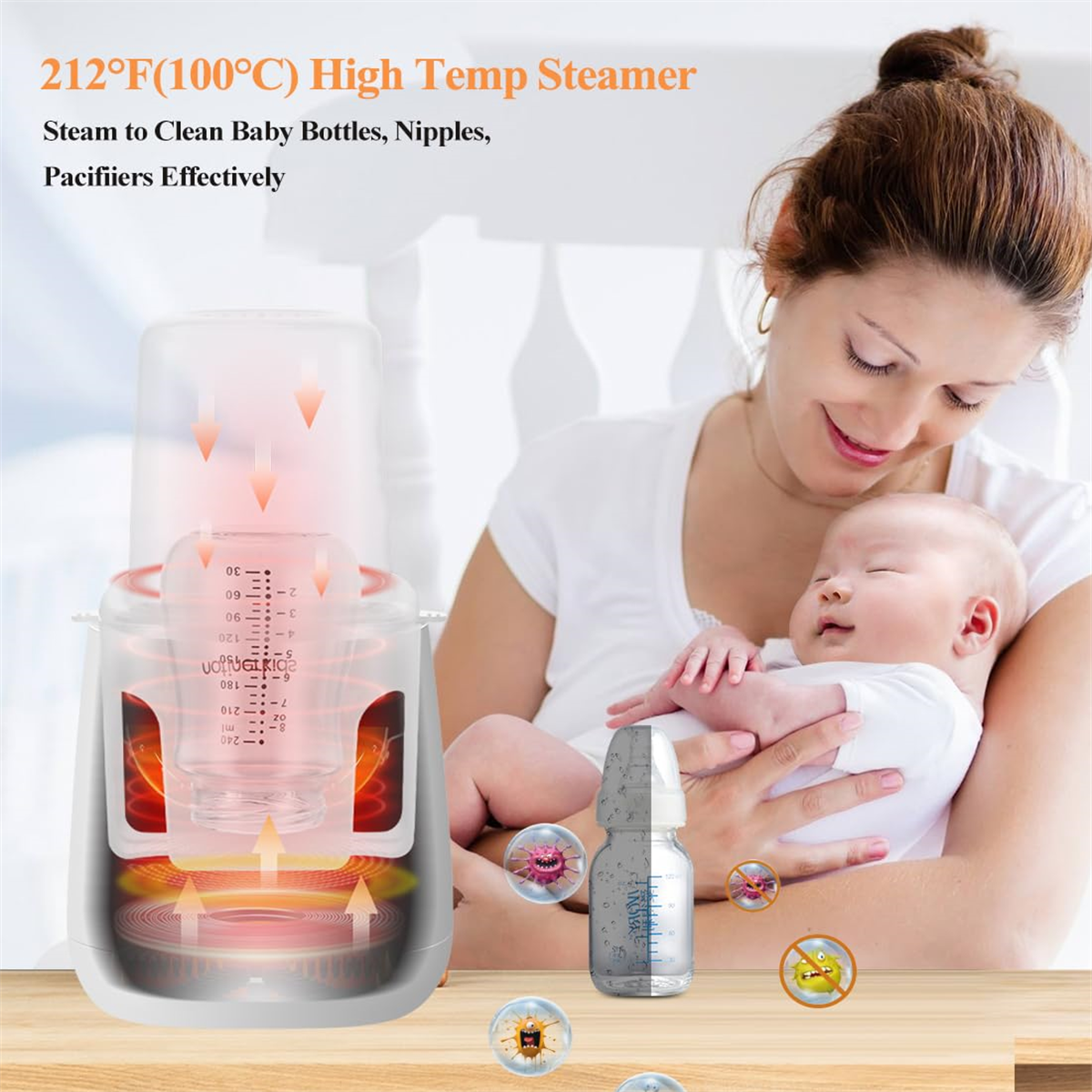 Eine Frau hält ein Baby in der Nähe eines Flaschensterilisators.