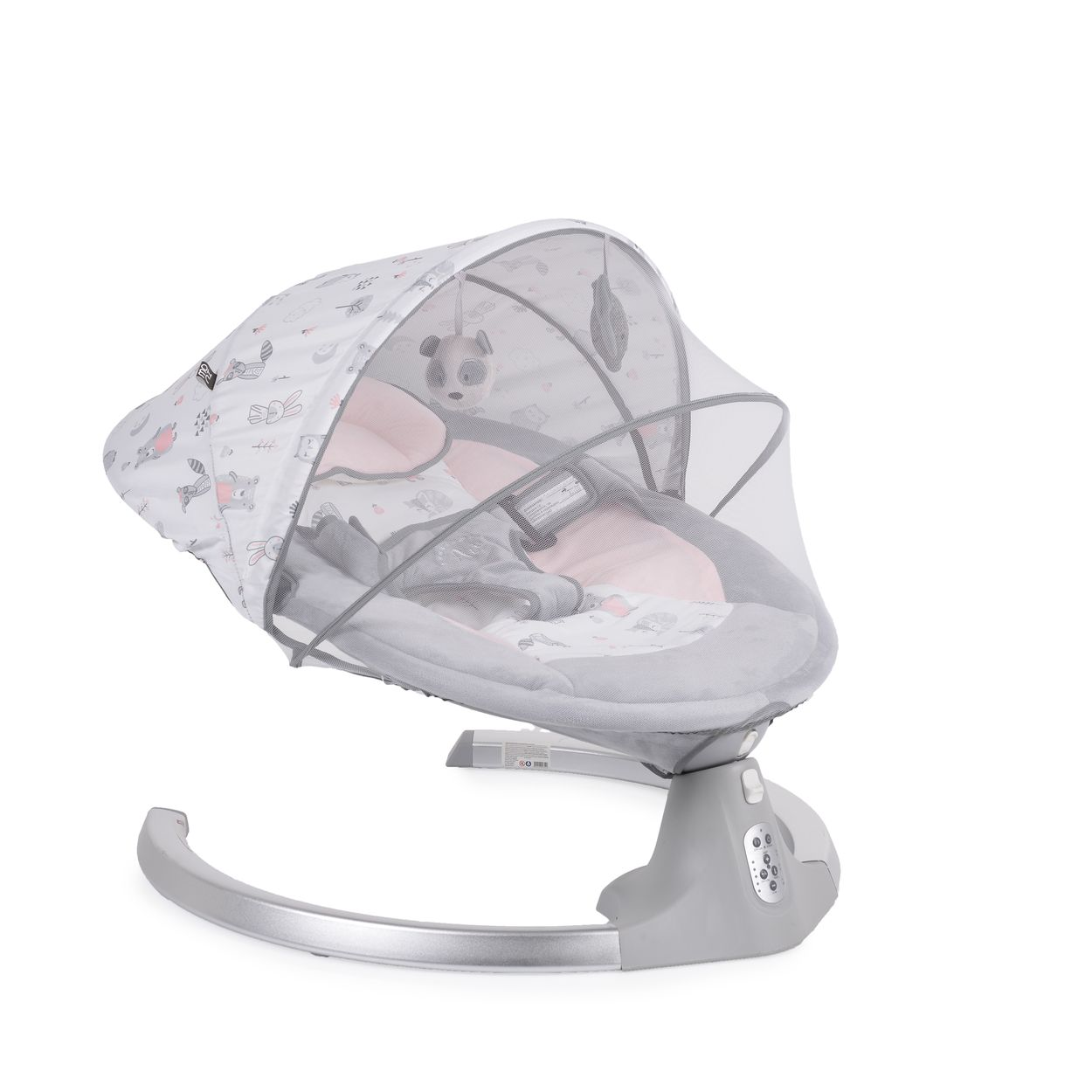 Un columpio para bebés con dosel y un juguete, aislado sobre blanco.