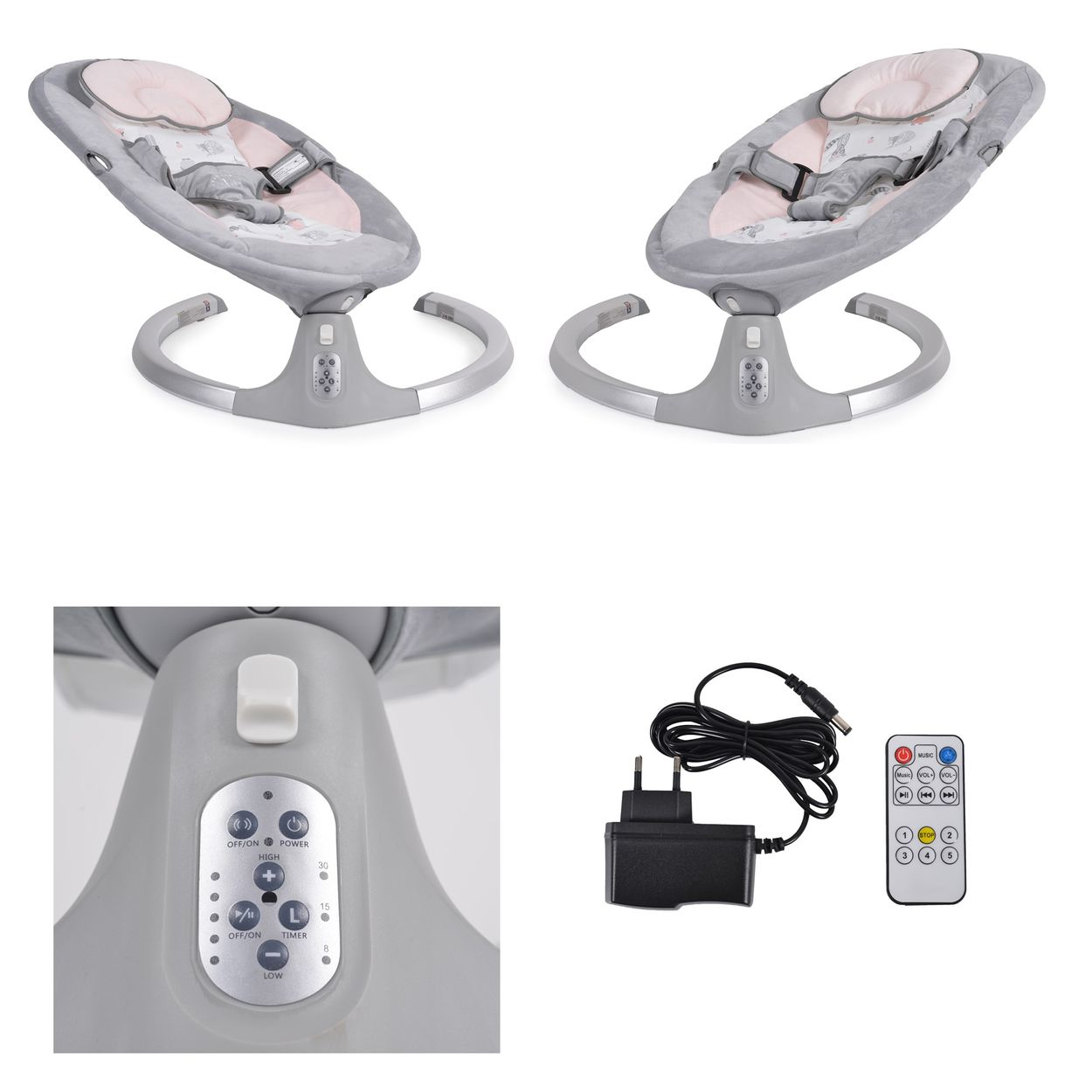 Juego de columpio para bebés con controles, cargador y mando a distancia. Se ven dos columpios.