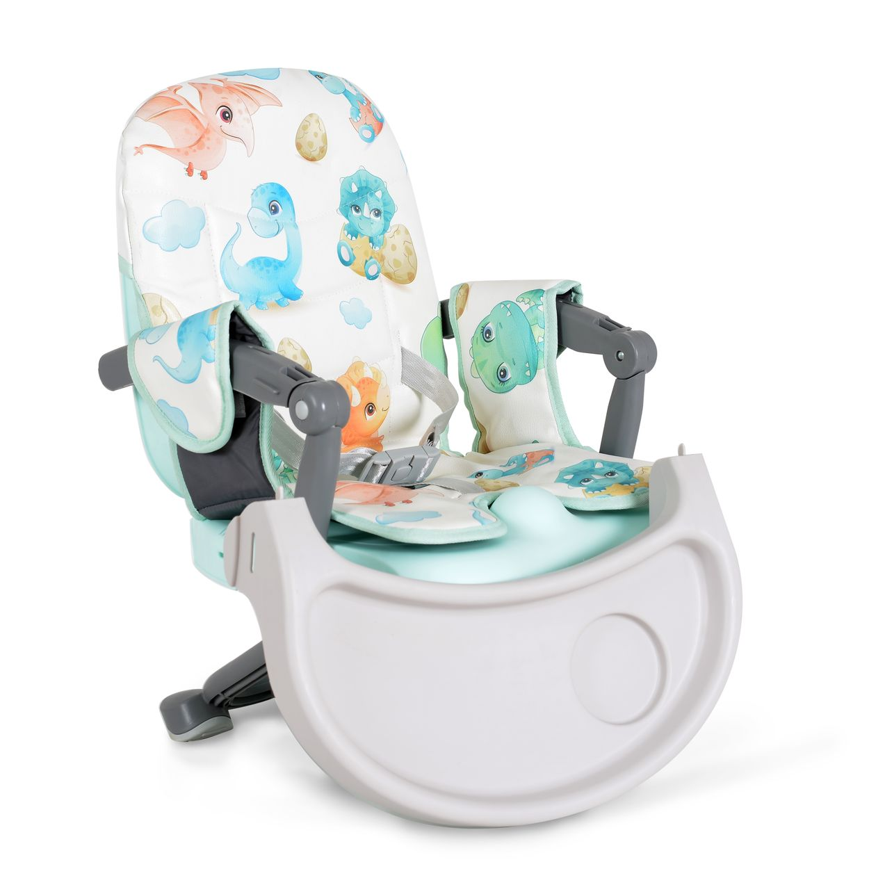 Ein Babyhochstuhl mit Dinosaurier-Muster auf dem Sitz und Tablett. Der Stuhl ist mintgrün.