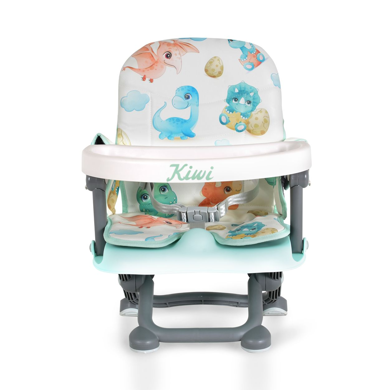 Babyhochstuhl mit Dinosaurier-Muster und Text auf weißem Hintergrund.