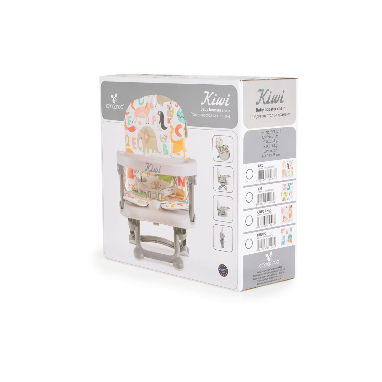 Baby-Hochstuhl in einer Schachtel mit Buchstaben, Tieren und Zahlen auf dem Sitz. Die Box zeigt Details des Stuhls.
