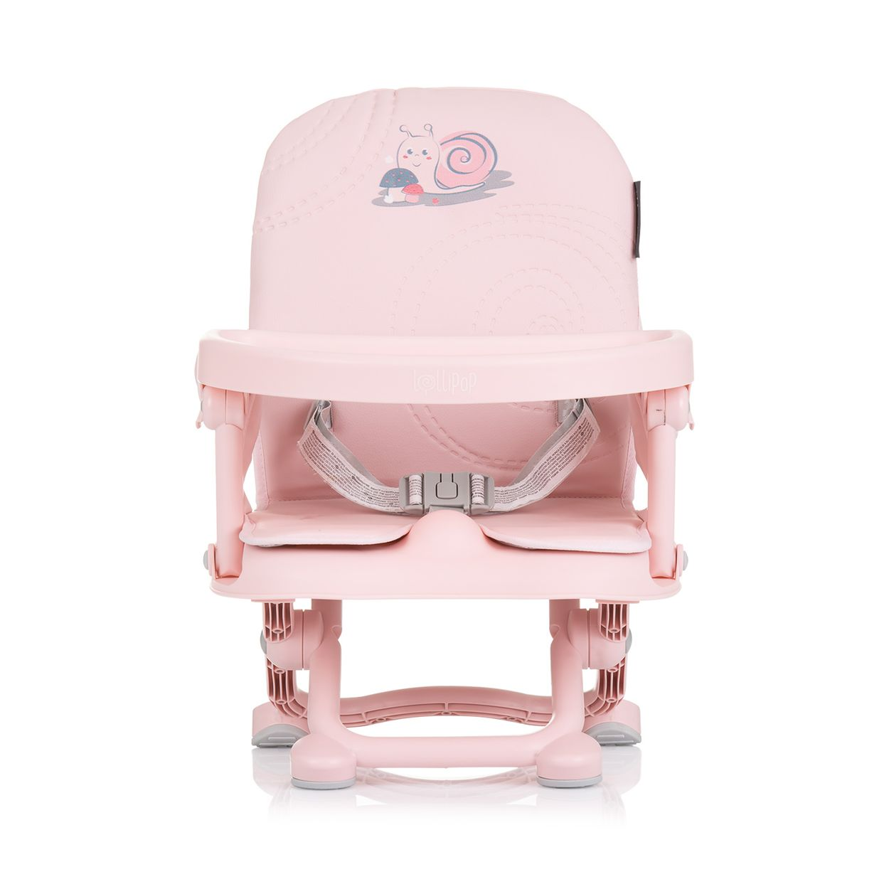 Silla rosa para bebé con diseño de caracol y bandeja extraíble. Fondo blanco.