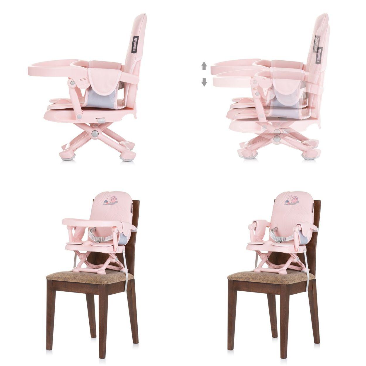 Silla alta rosa en diferentes configuraciones. Plegada, desplegada y sujeta a una silla.