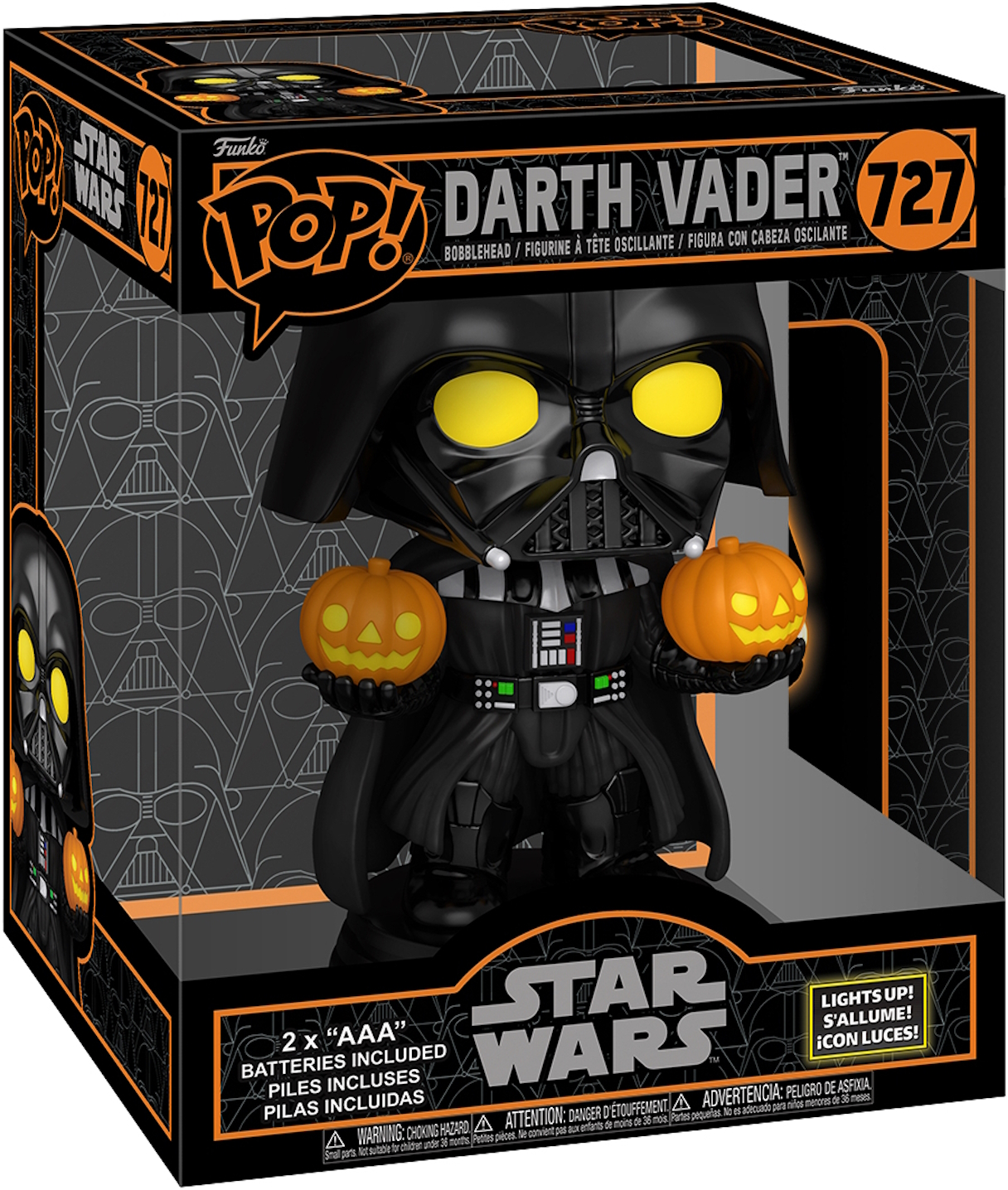 Figura Funko Pop de Darth Vader sosteniendo calabazas en una caja de exhibición. ¡Se ilumina!